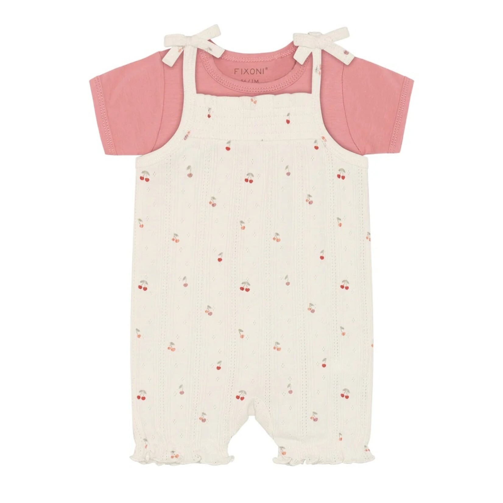 Fixoni FIXONI - Set with pink bodysuit and pointelle overalls with cherry print