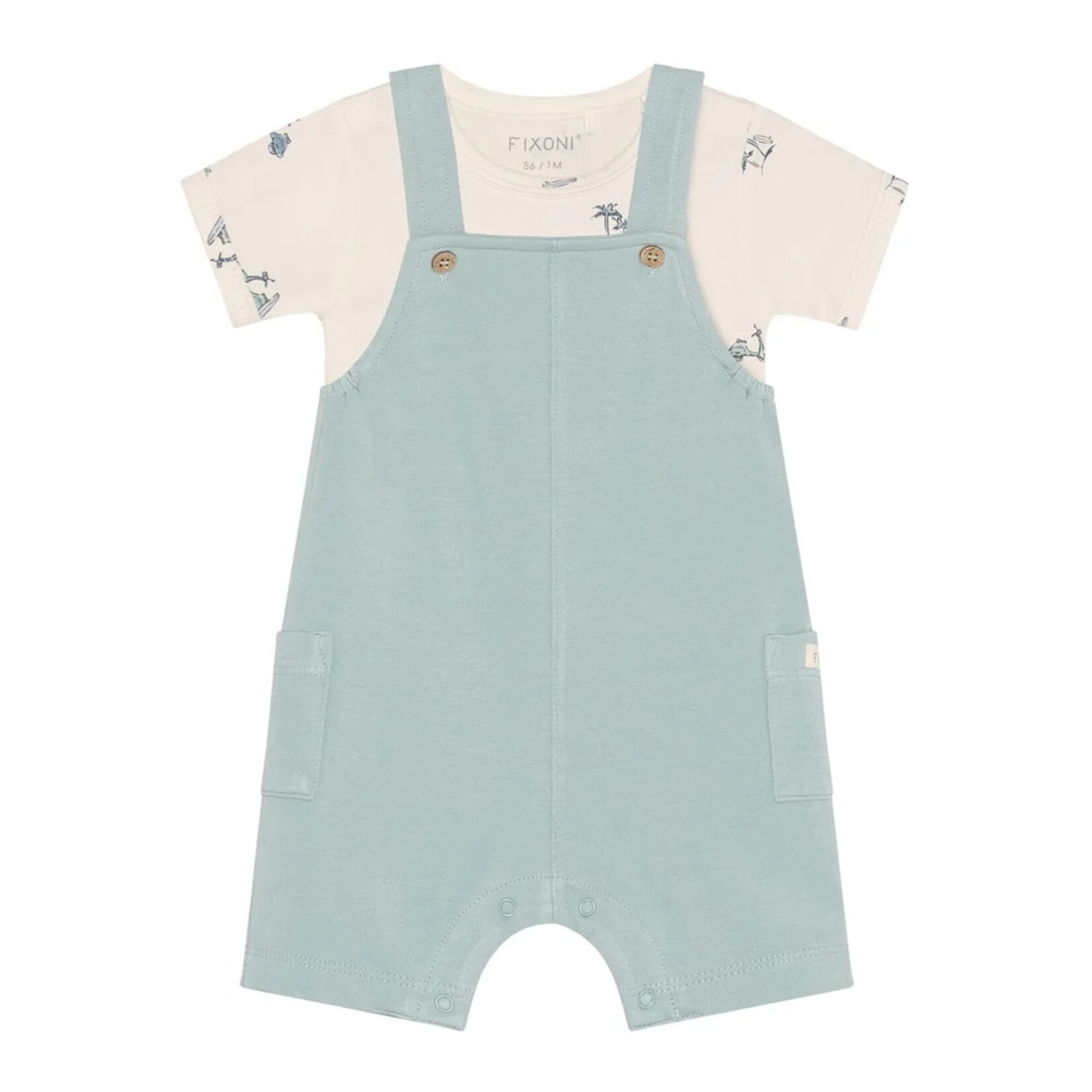 Fixoni FIXONI - Set with cream-colored bodysuit with scooter print and blue overalls