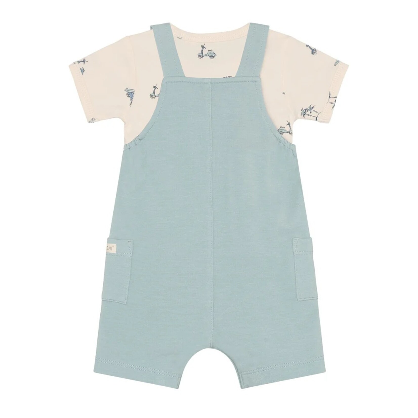 Fixoni FIXONI - Ensemble avec cache-couche crème avec motif de scooter et salopette bleue