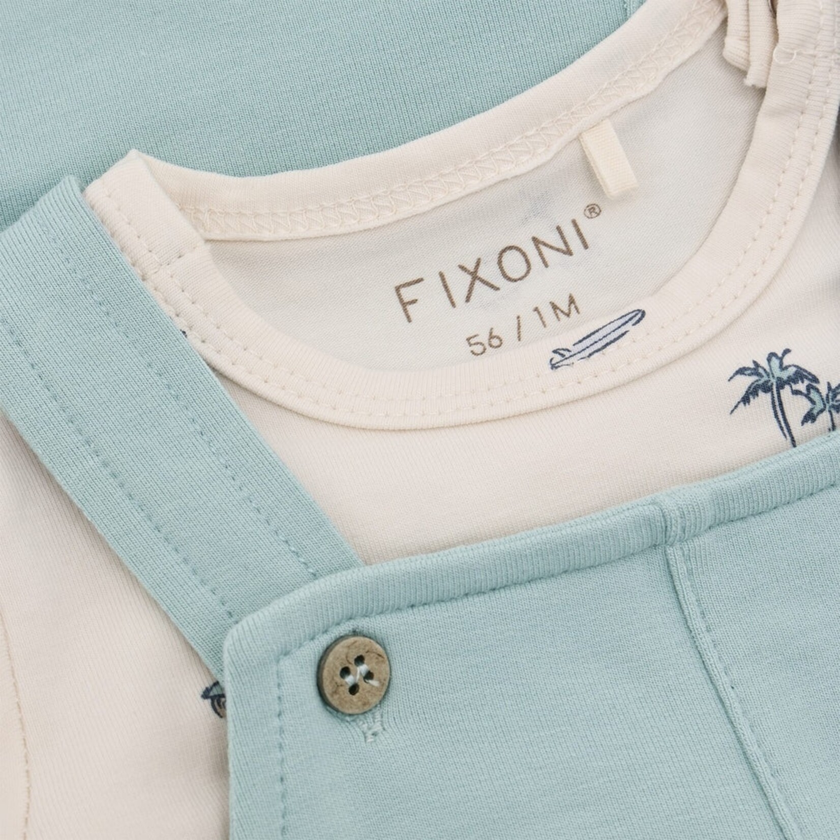 Fixoni FIXONI - Set with cream-colored bodysuit with scooter print and blue overalls