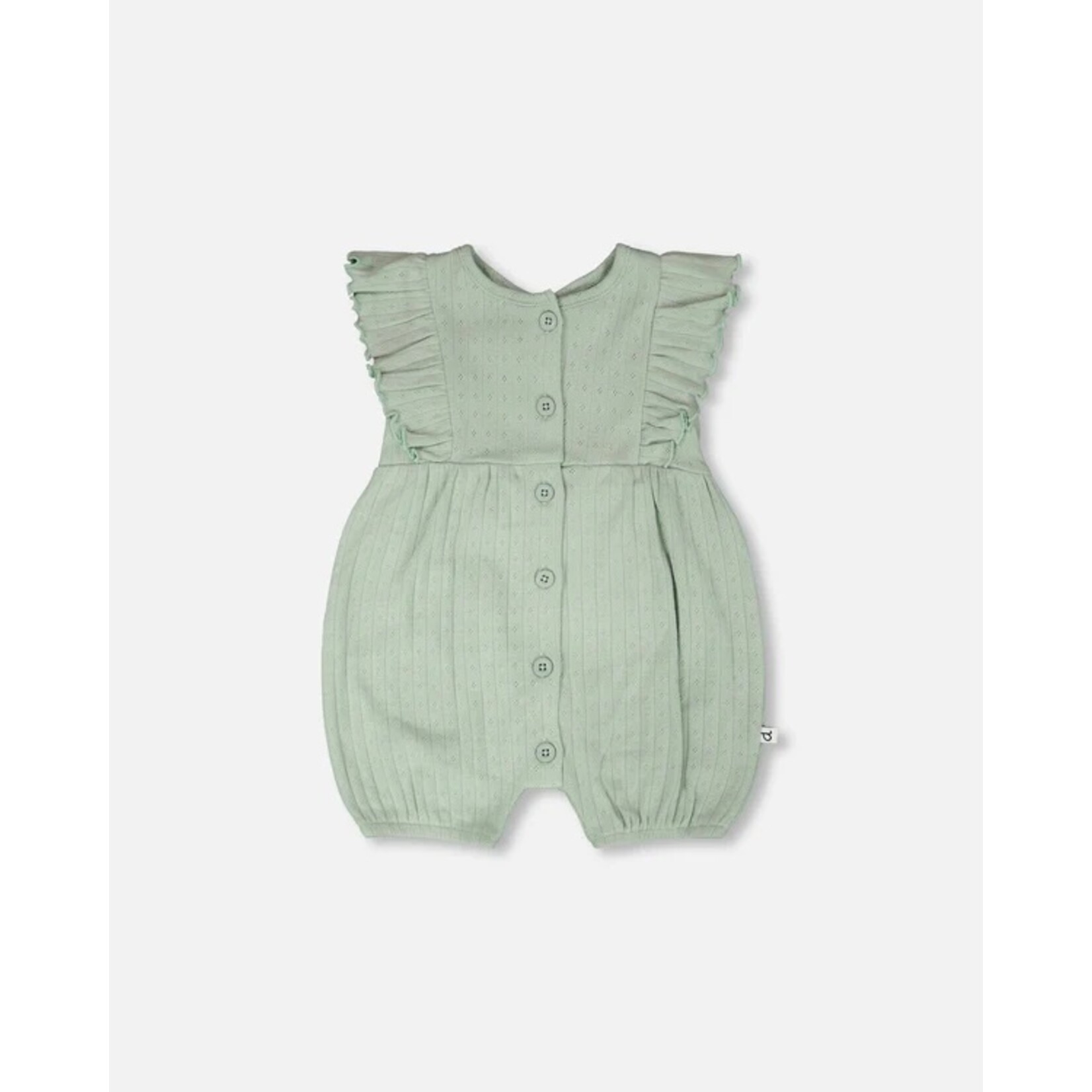 Deux par Deux DEUX PAR DEUX -  Romper with ruffles in green cotton pointelle jersey 'Douce savane'