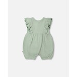 Deux par Deux DEUX PAR DEUX -  Romper with ruffles in green cotton pointelle jersey 'Douce savane'
