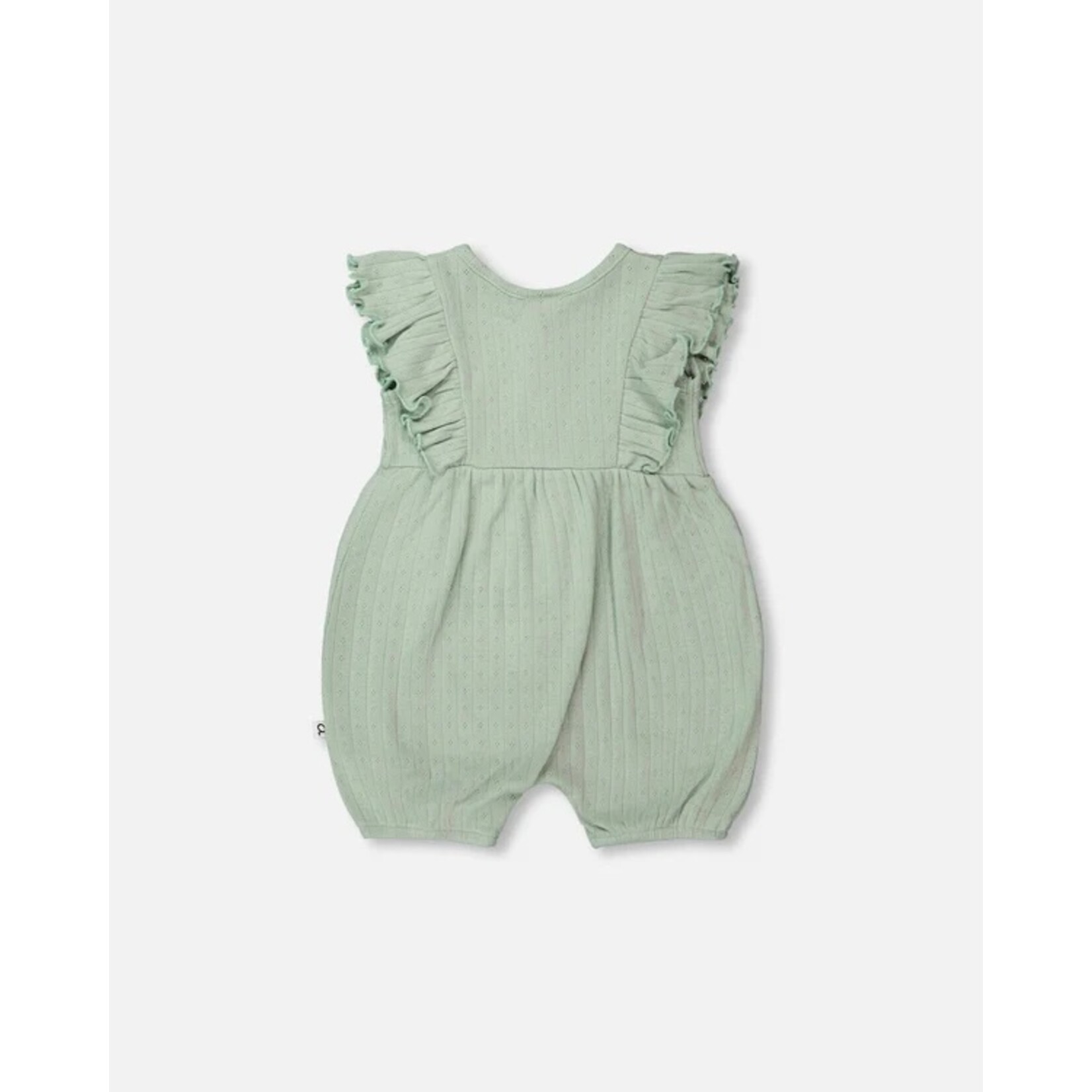 Deux par Deux DEUX PAR DEUX -  Romper with ruffles in green cotton pointelle jersey 'Douce savane'
