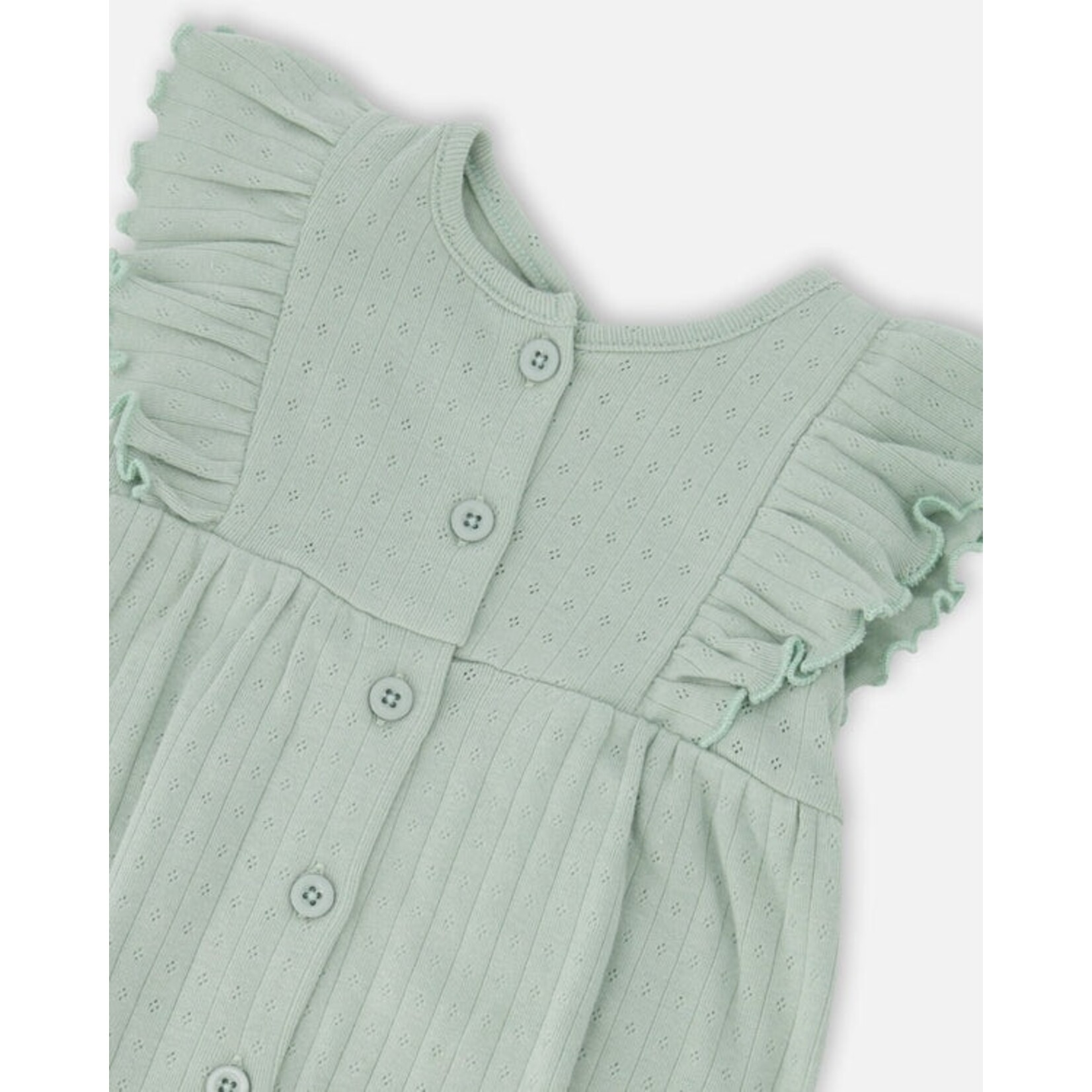 Deux par Deux DEUX PAR DEUX -  Romper with ruffles in green cotton pointelle jersey 'Douce savane'