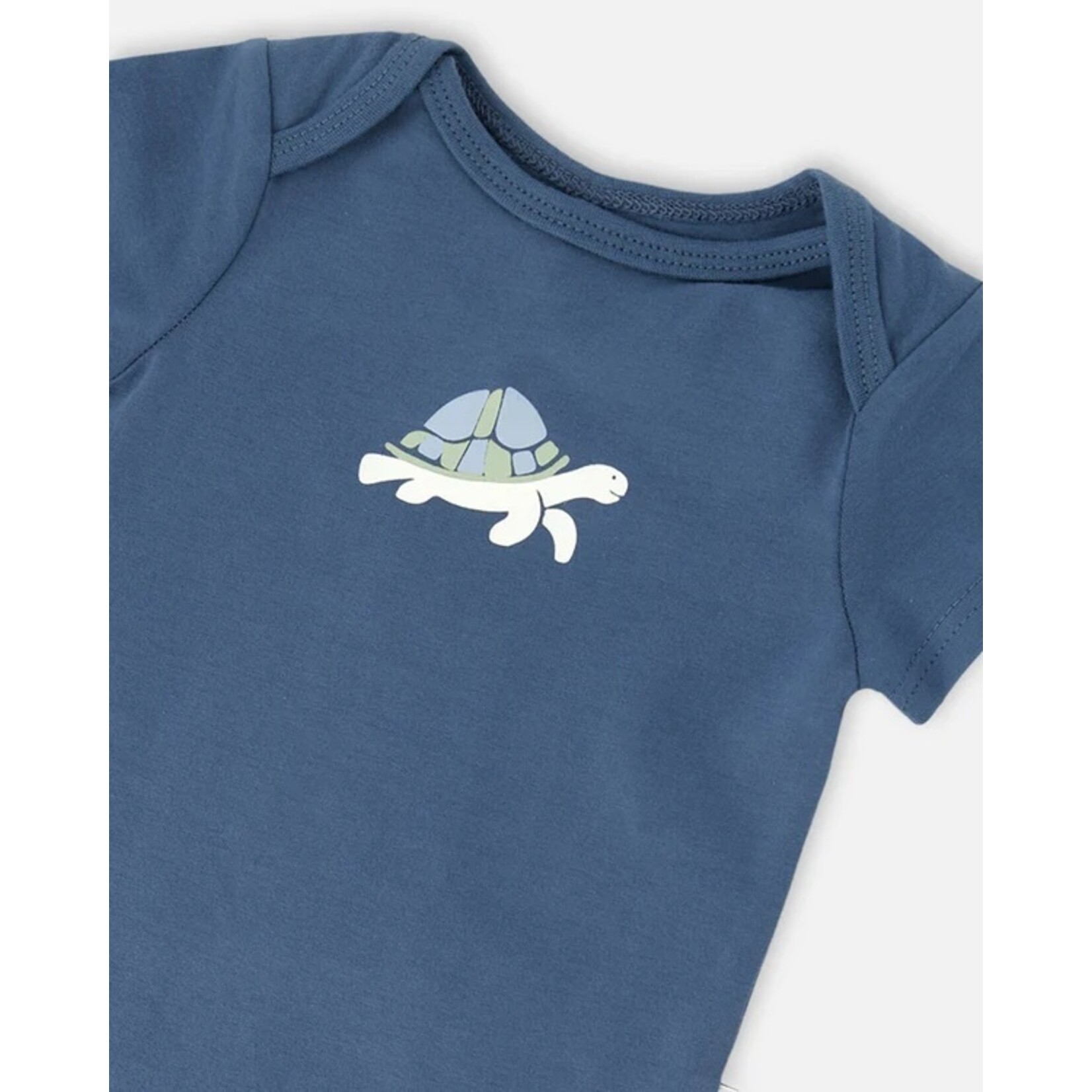 Deux par Deux DEUX PAR DEUX- Evolutionary blue organic cotton bodysuit  with turtle print 'À pas de tortue'