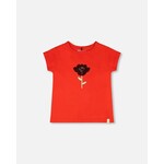 Deux par Deux DEUX PAR DEUX- Red jersey T-shirt with a reversible sequined flower 'Under the Daffodils'