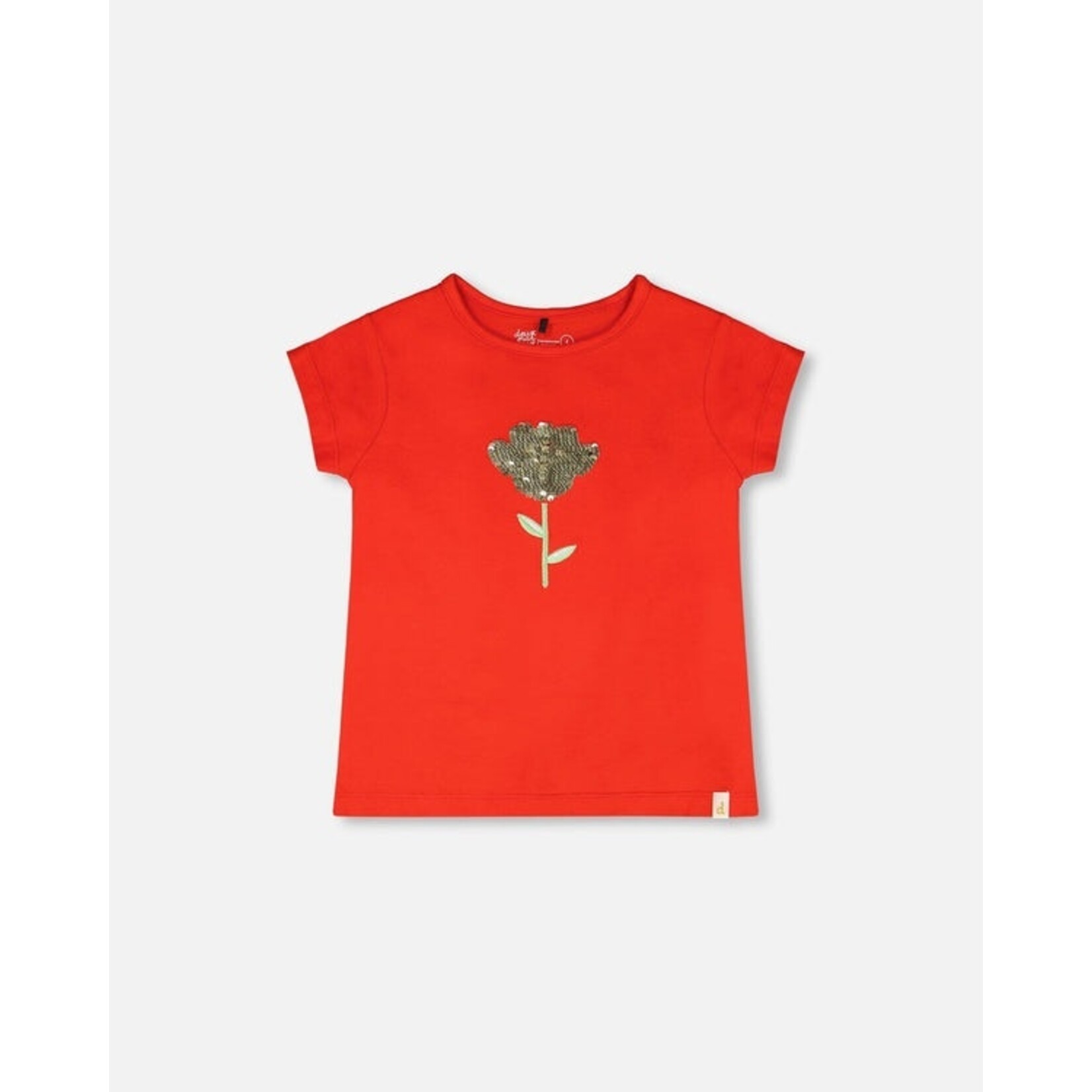 Deux par Deux DEUX PAR DEUX- Red jersey T-shirt with a reversible sequined flower 'Under the Daffodils'
