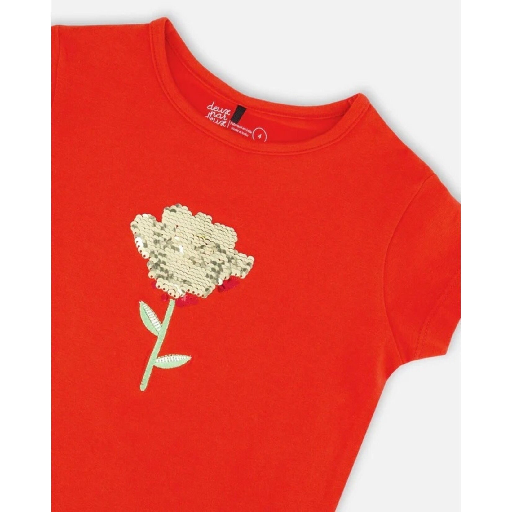 Deux par Deux DEUX PAR DEUX- T-shirt jersey rouge avec une fleur en sequins réversibles 'Sous les jonquilles'