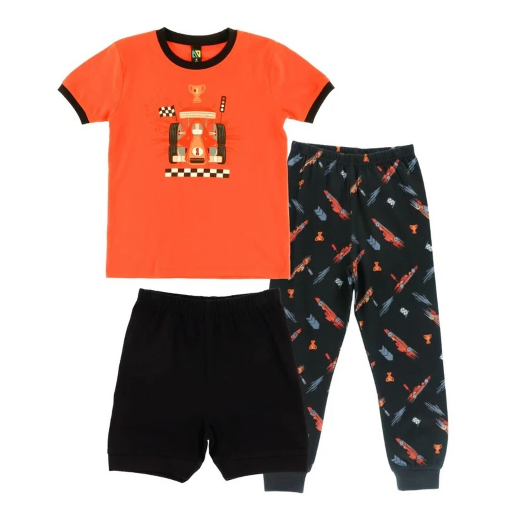 Nanö NANÖ - Pyjama 3 morceaux noir et orange à imprimé de voitures de courses