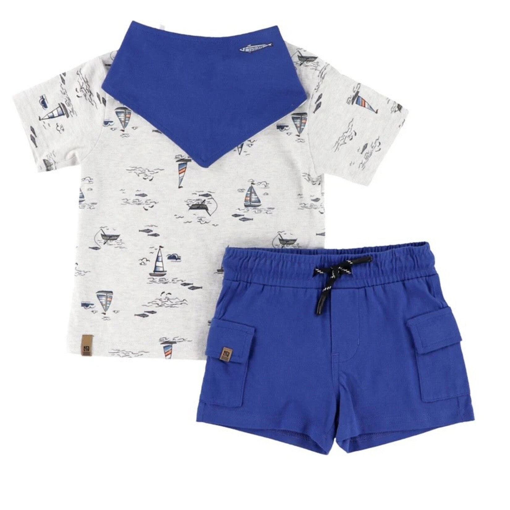 Nanö NANÖ - 3-piece set - Grey T-shirt with boat print, blue shorts and reversible bib  'Club de l'océan'