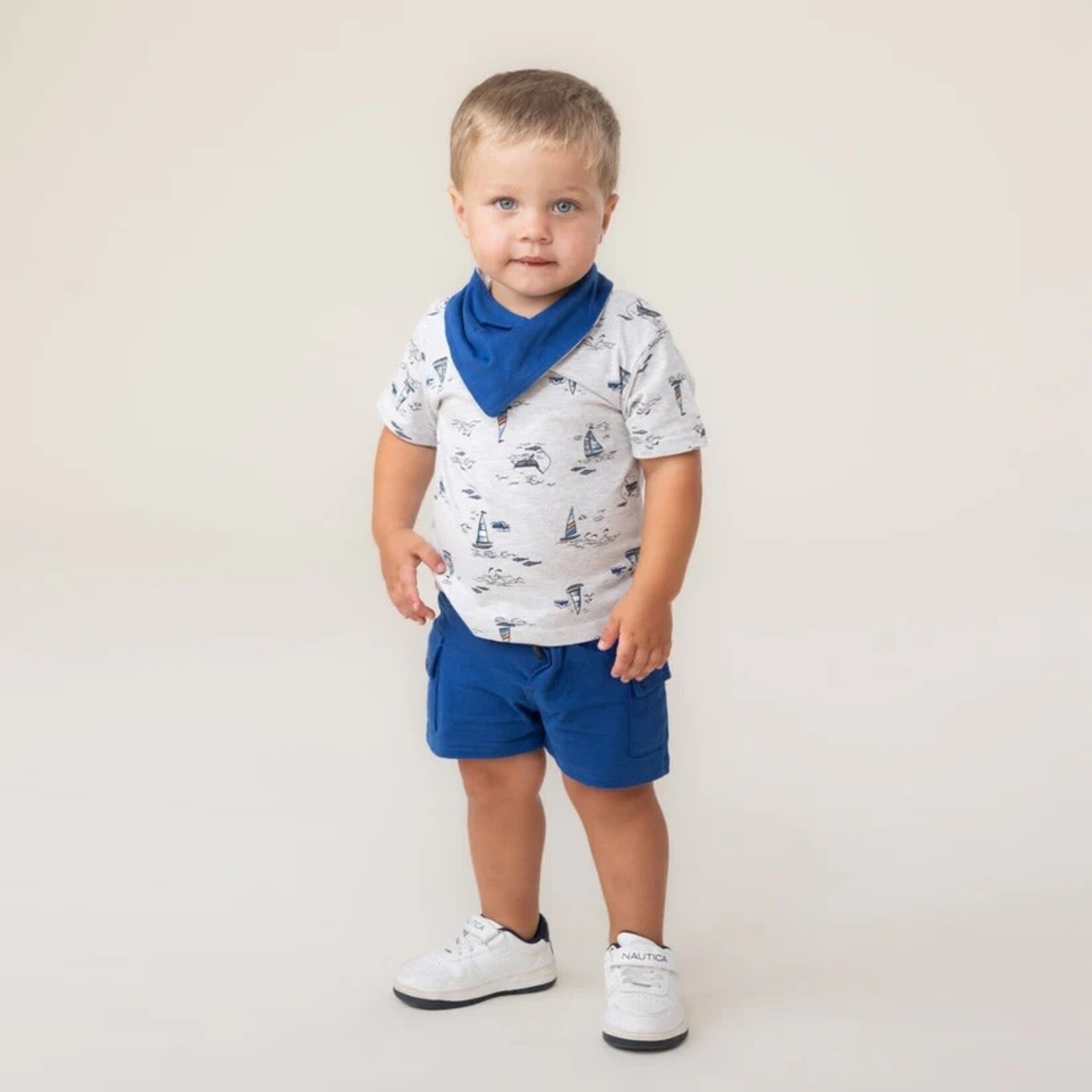 Nanö NANÖ - 3-piece set - Grey T-shirt with boat print, blue shorts and reversible bib  'Club de l'océan'