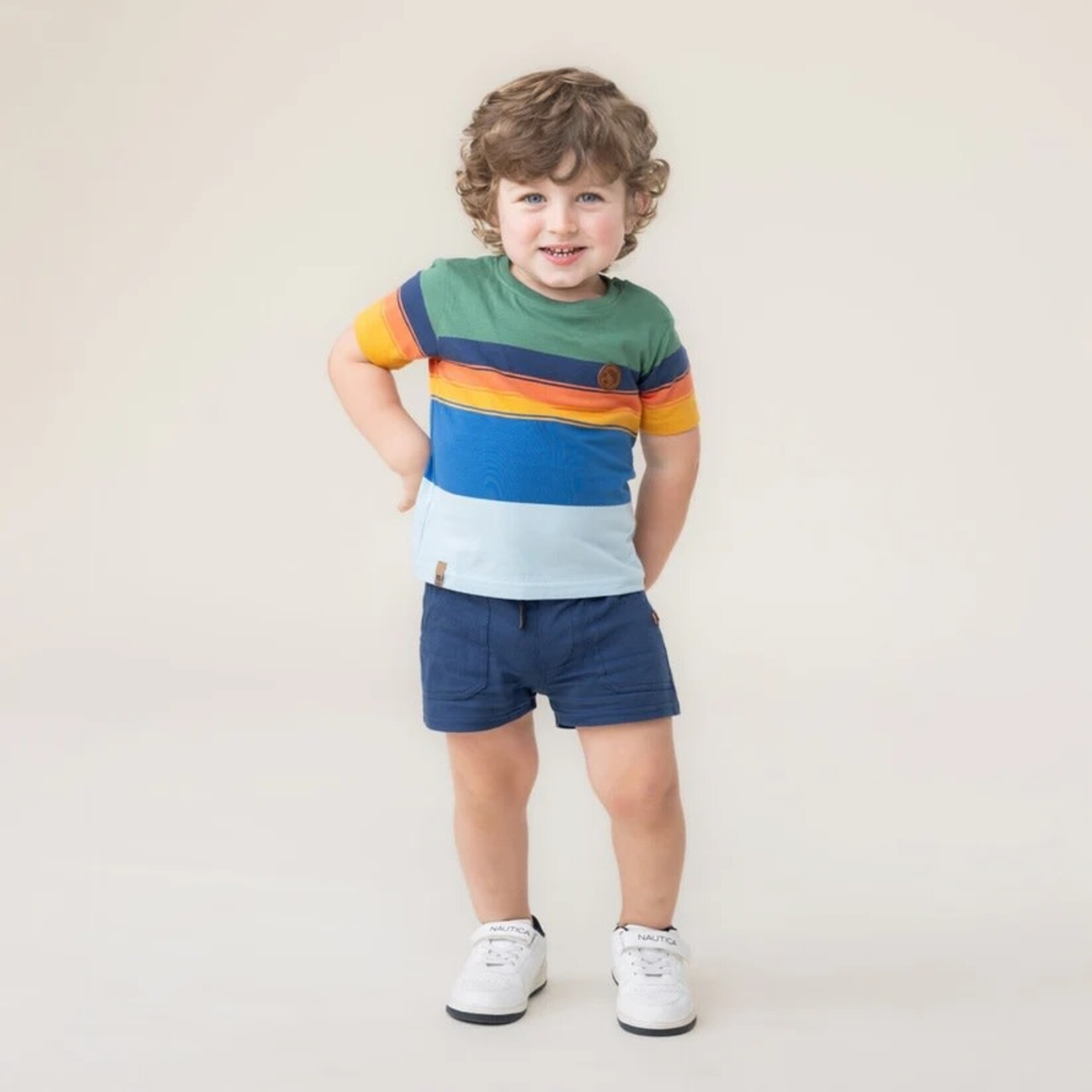 Nanö NANÖ - Ensemble 2 morceaux - T-shirt rayé bleu, orange et vert et short bleu 'Jour de pêche'