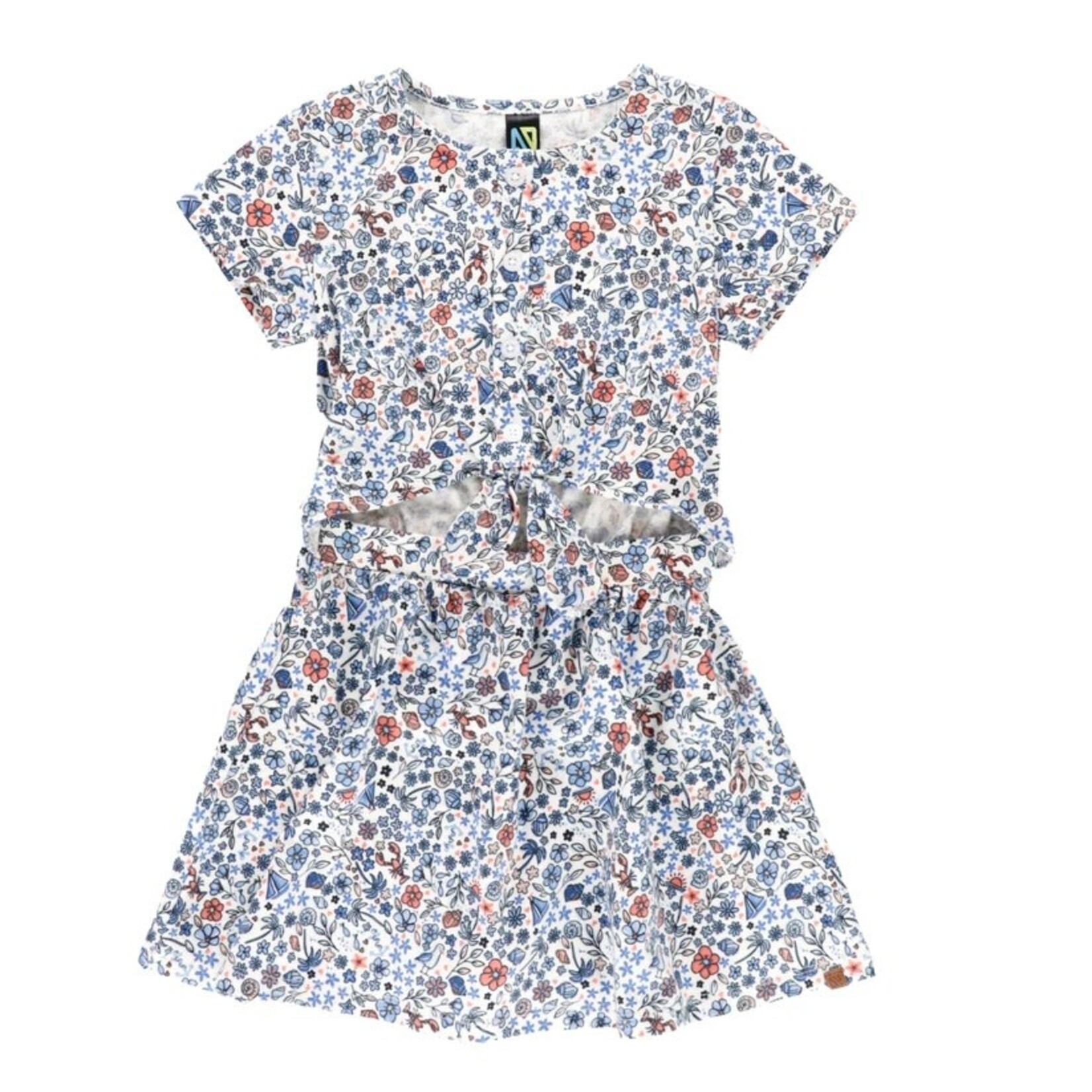 Nanö NANÖ - Ivory dress with a sea-themed print and a cutout at the waist 'Seaside Holiday'