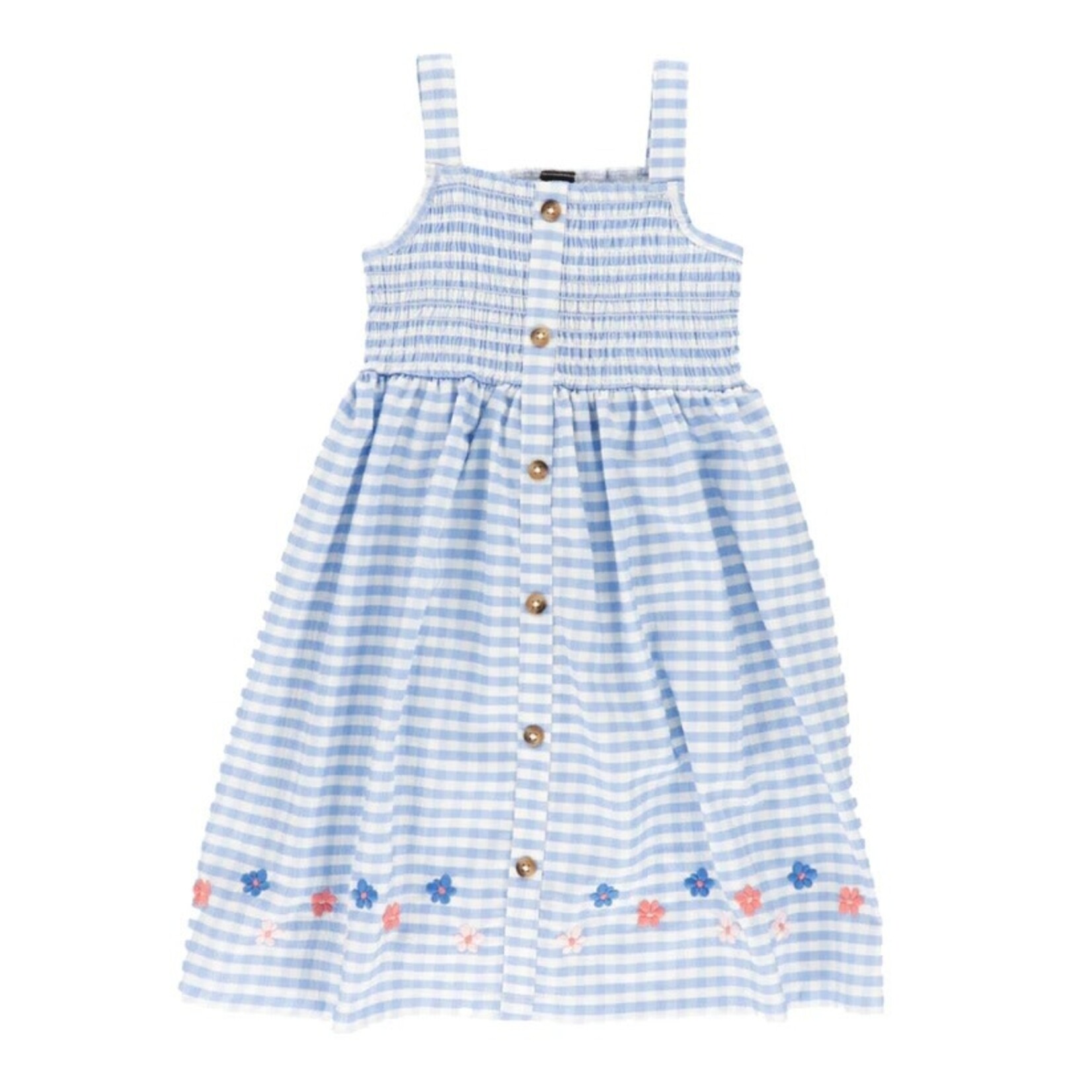 Nanö NANÖ - Blue and white gingham crinkled strappy dress with floral embroidery 'Seaside Holidays'