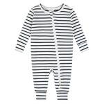 Petit Lem PETIT LEM - Long-sleeved romper in white and navy blue striped ribbed fabric