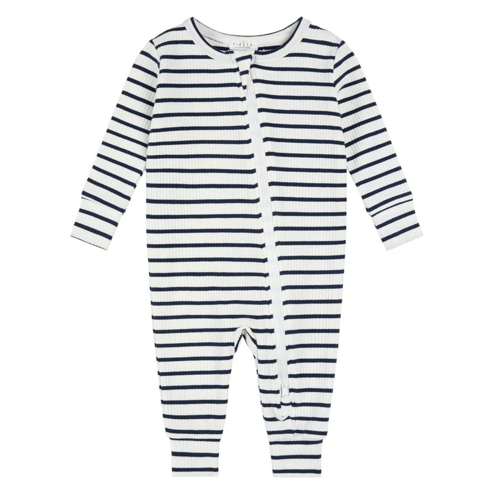 Petit Lem PETIT LEM - Long-sleeved romper in white and navy blue striped ribbed fabric