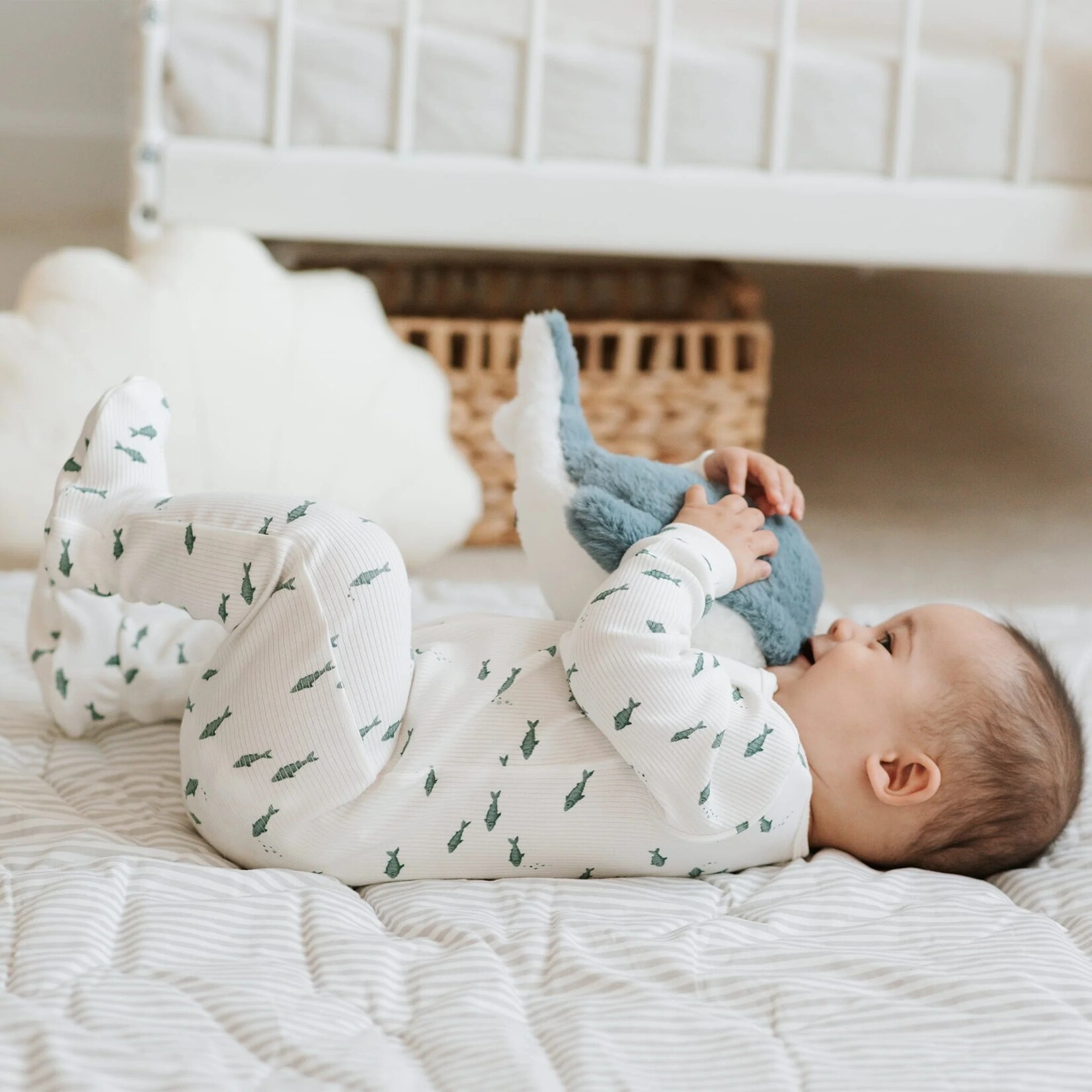 Petit Lem PETIT LEM - Pyjama de bébé blanc côtelé imprimé de poissons