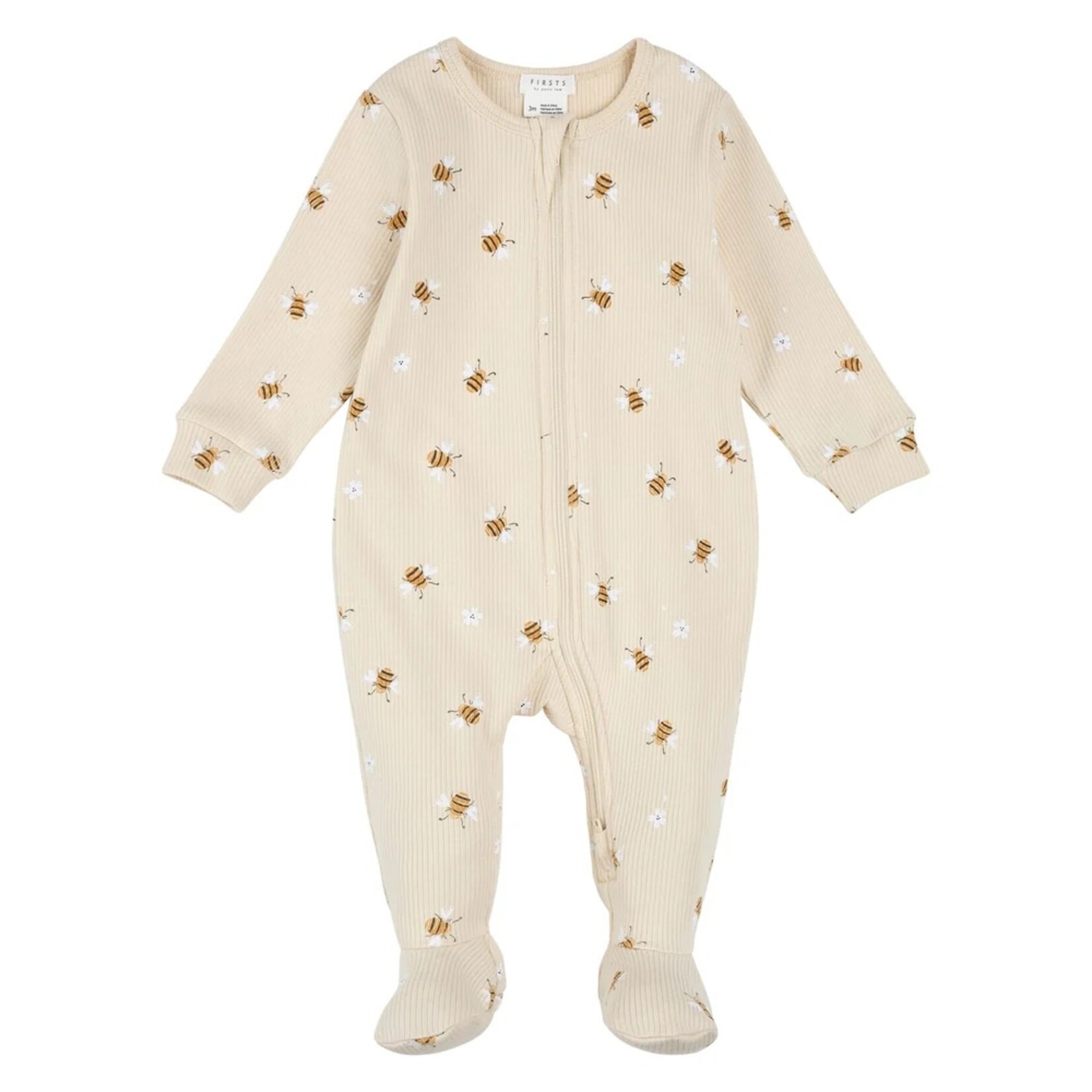 Petit Lem PETIT LEM - Pyjama de bébé beige côtelé imprimé d'abeilles