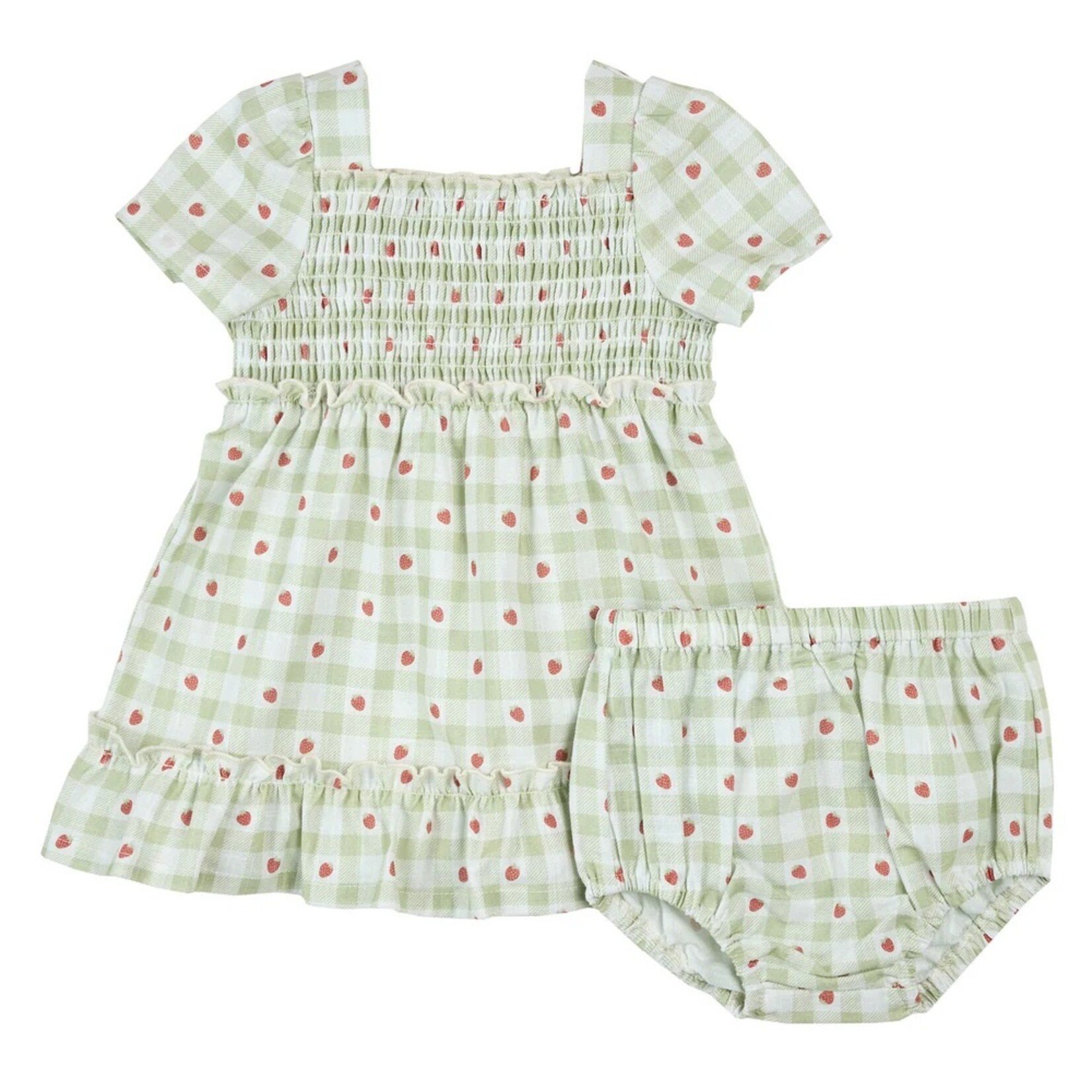 Petit Lem PETIT LEM - Sage gingham dress with strawberry print and matching diaper cover set