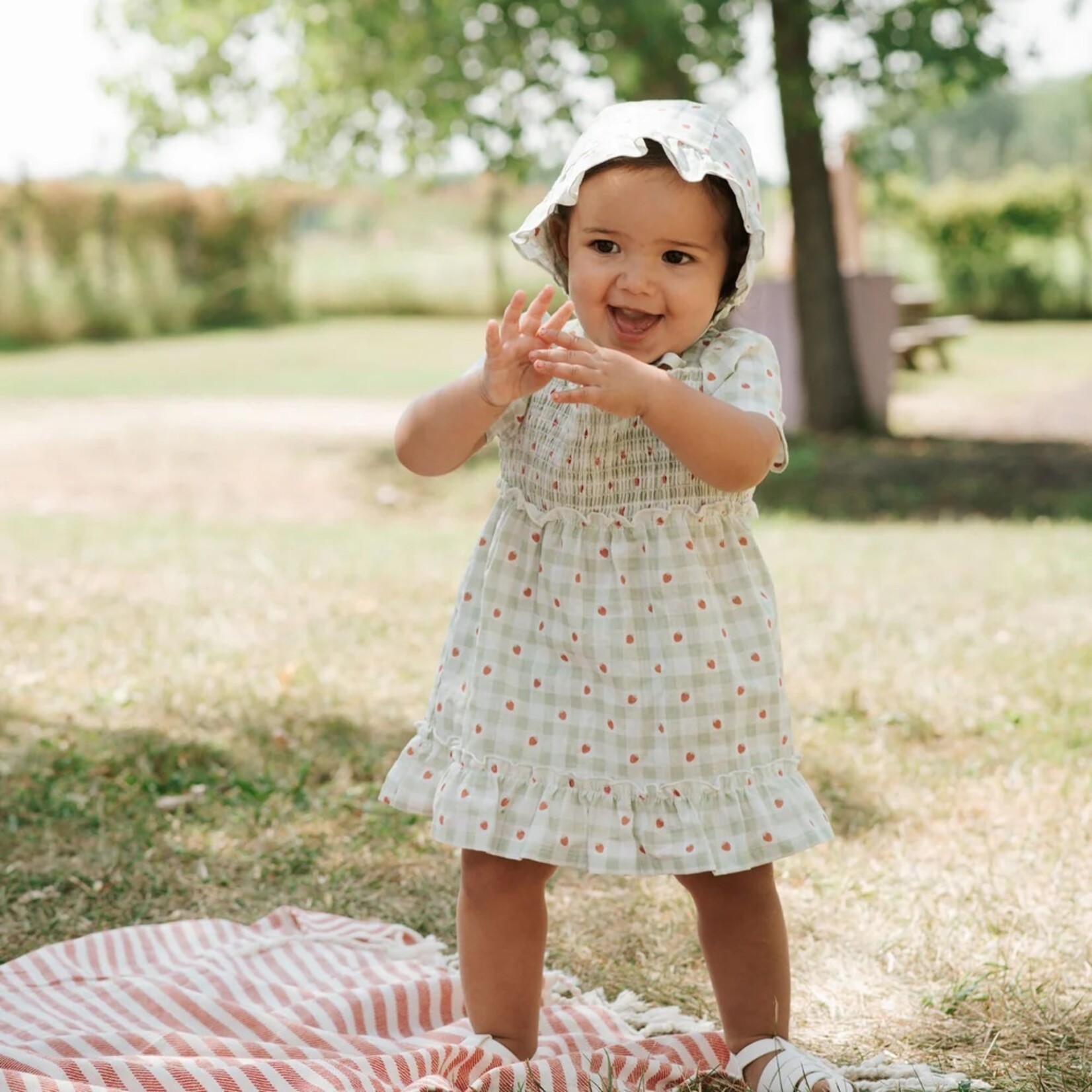 Petit Lem PETIT LEM - Ensemble robe en vichy sauge à imprimé de fraises et couvre-couche