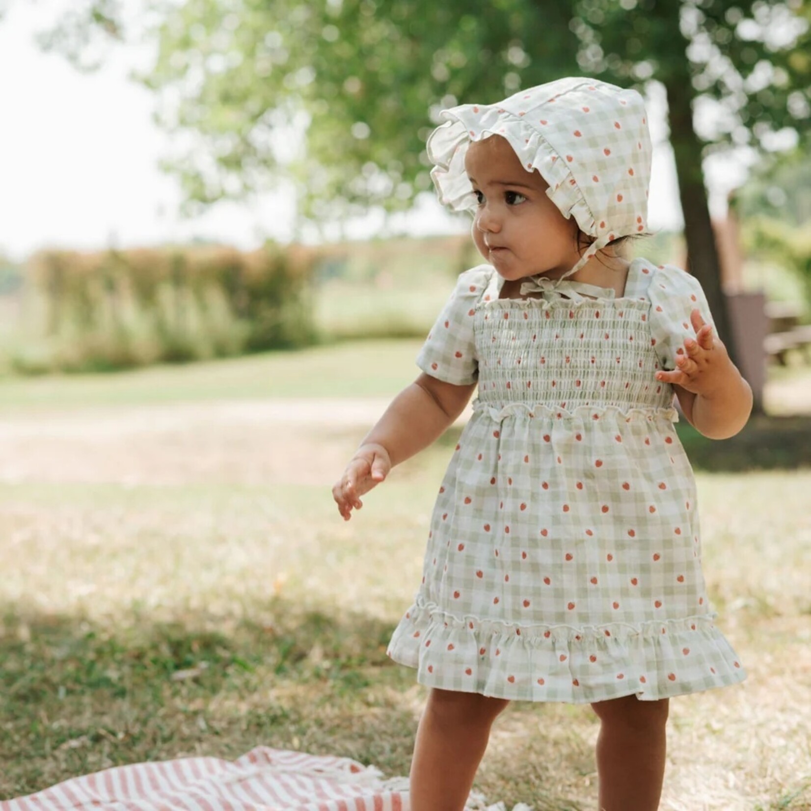 Petit Lem PETIT LEM - Ensemble robe en vichy sauge à imprimé de fraises et couvre-couche