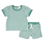 Petit Lem PETIT LEM - Turquoise and white striped terry cloth t-shirt and shorts set