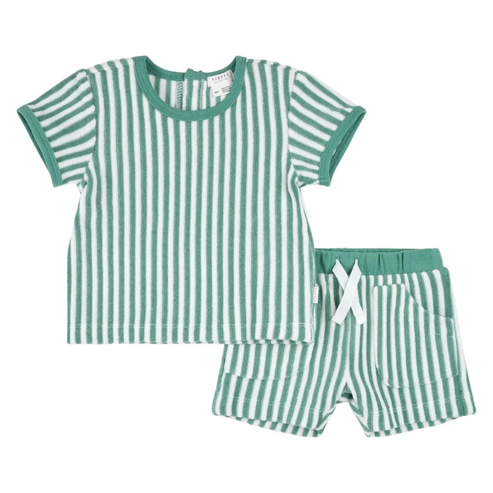 Petit Lem PETIT LEM - Turquoise and white striped terry cloth t-shirt and shorts set