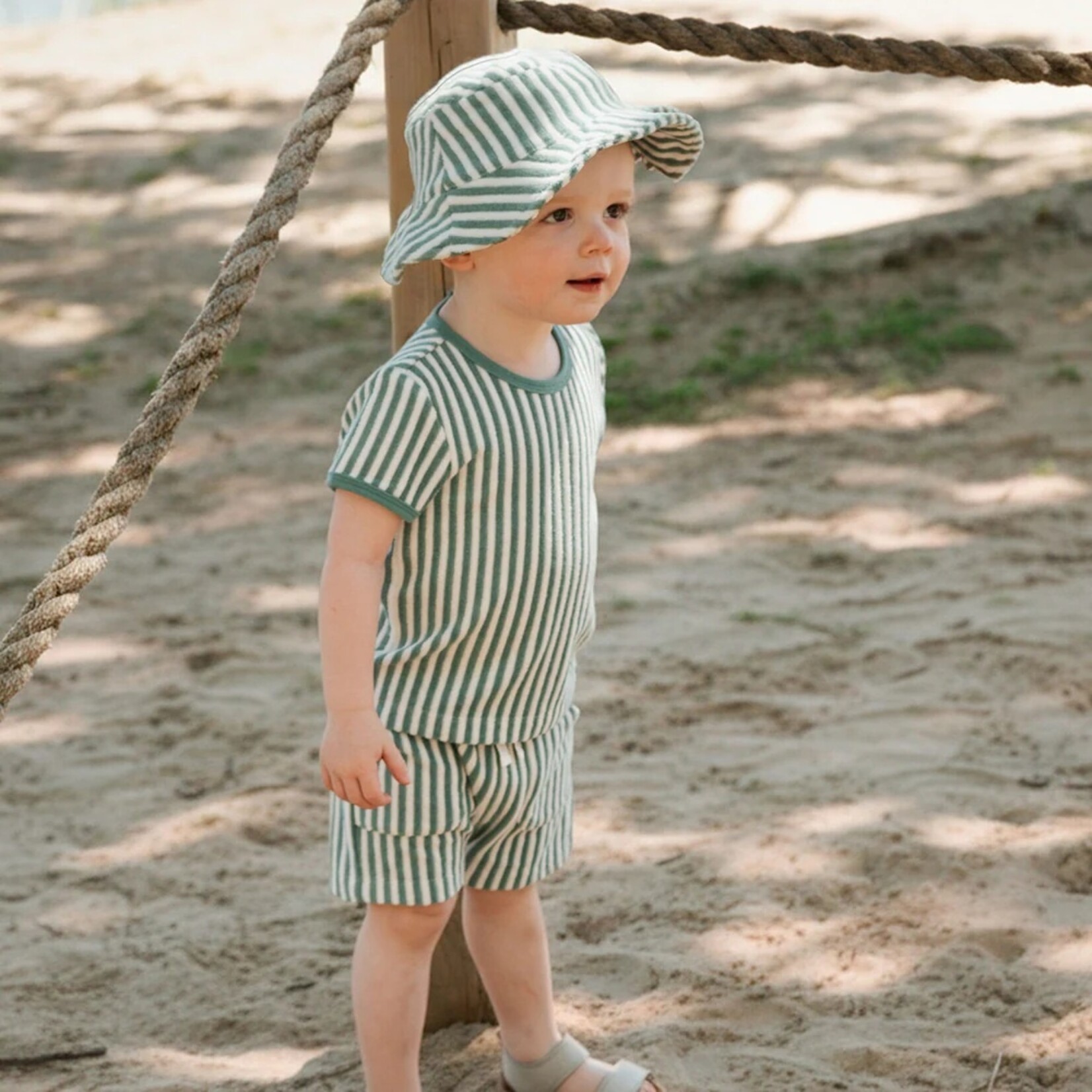 Petit Lem PETIT LEM - Turquoise and white striped terry cloth t-shirt and shorts set
