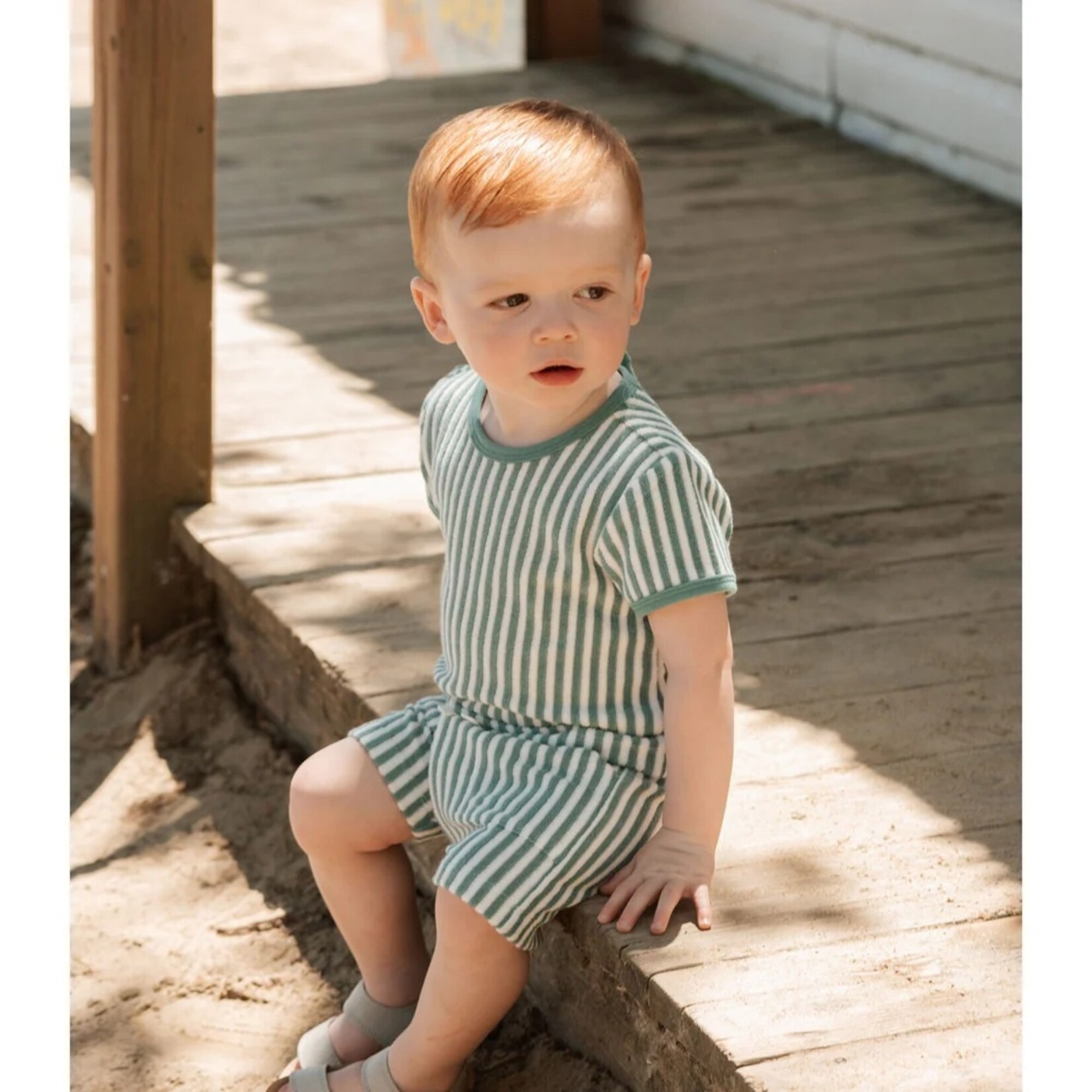 Petit Lem PETIT LEM - Turquoise and white striped terry cloth t-shirt and shorts set