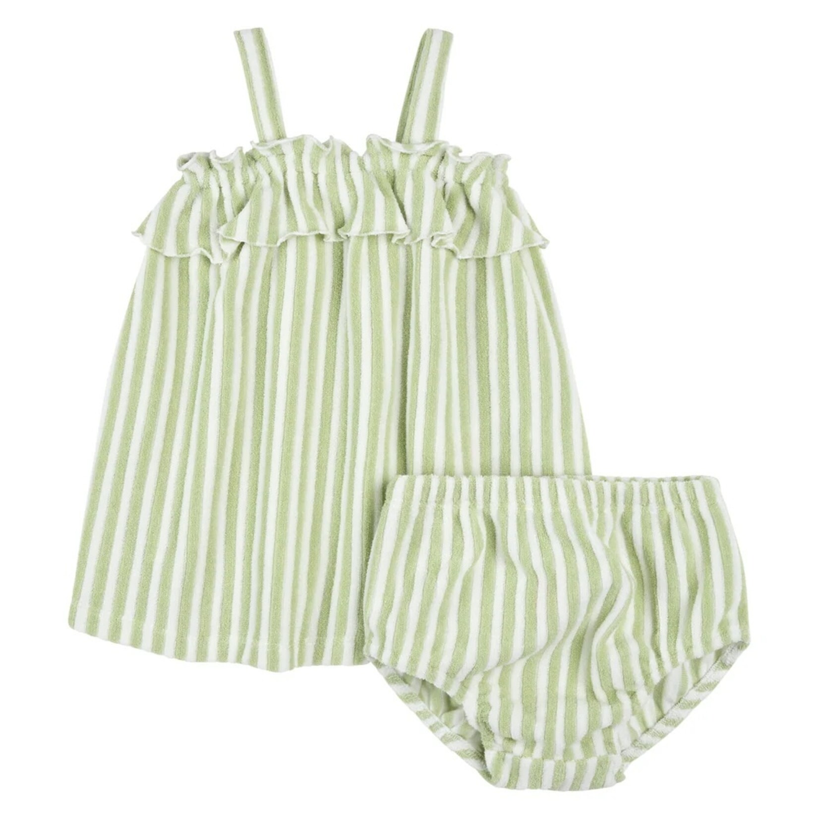 Petit Lem PETIT LEM - Dress and diaper cover set in sage and white striped terry cloth