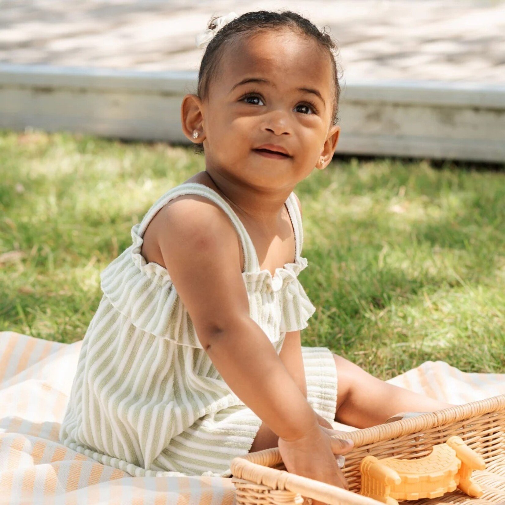 Petit Lem PETIT LEM - Dress and diaper cover set in sage and white striped terry cloth