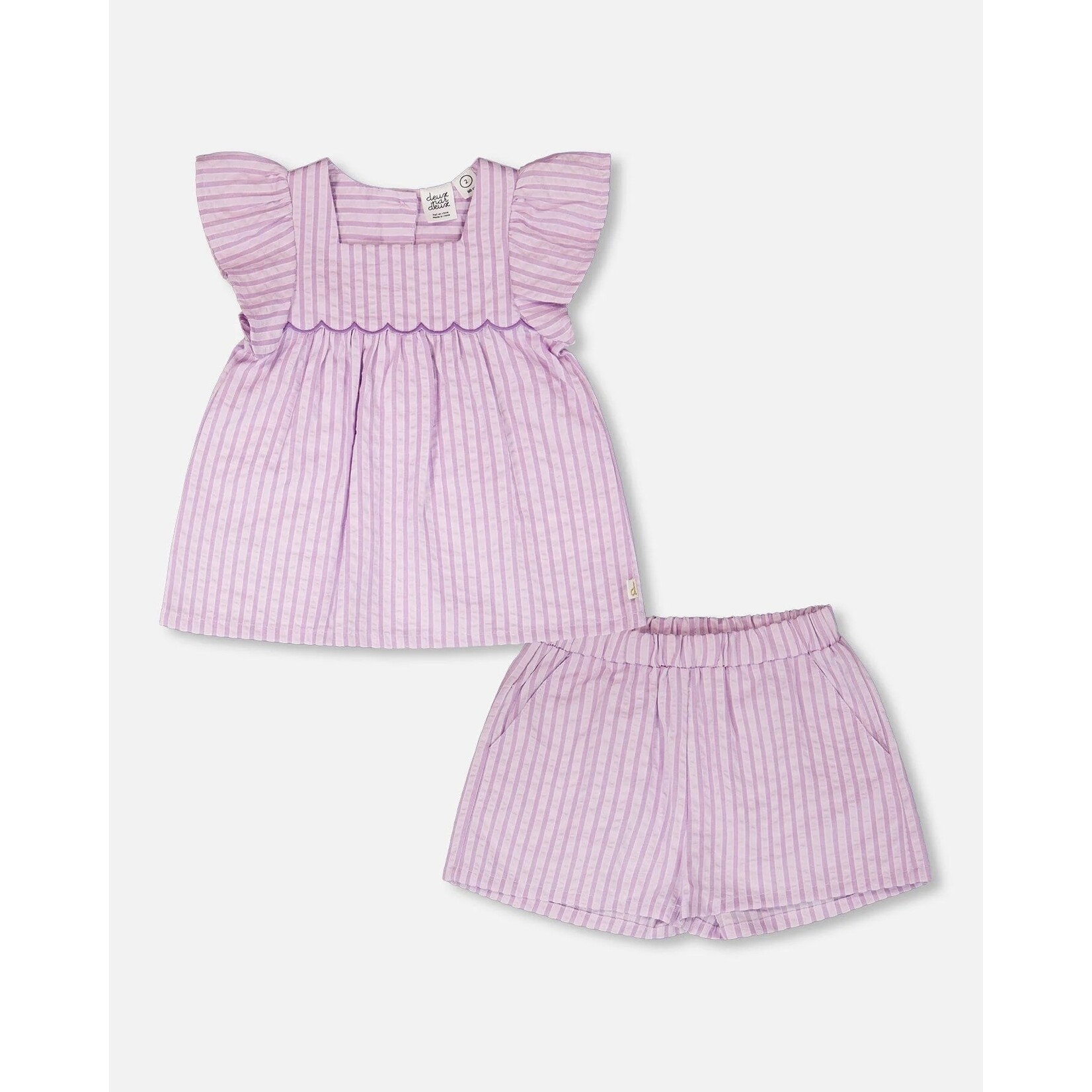 Deux par Deux DEUX PAR DEUX - Ensemble deux pièces blouse et short en chambray rayé lavande 'Trèfles et violettes'