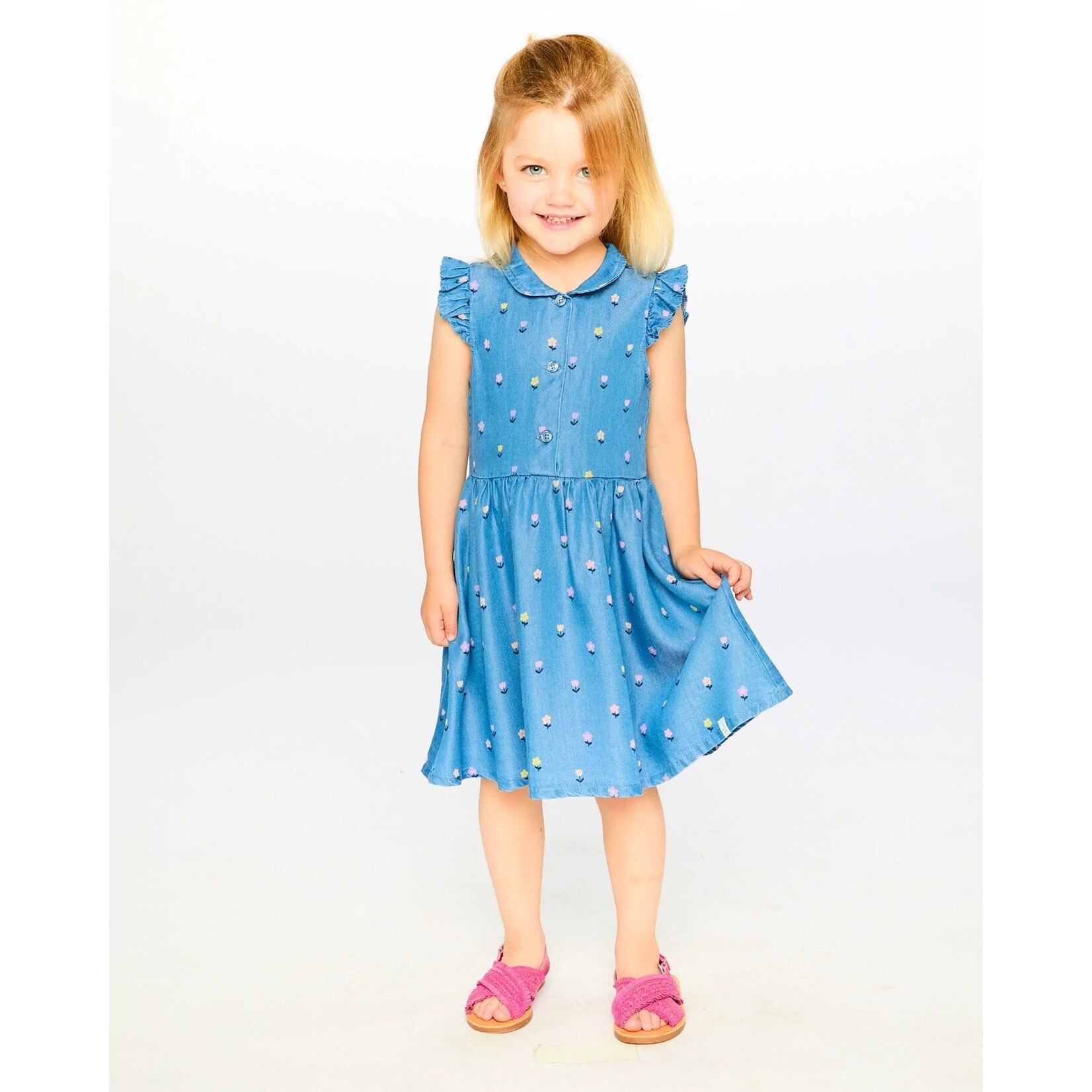 Deux par Deux DEUX PAR DEUX - Robe chemisier sans manches bleu denim avec imprimé de fleurs 'Les essentiels filles'