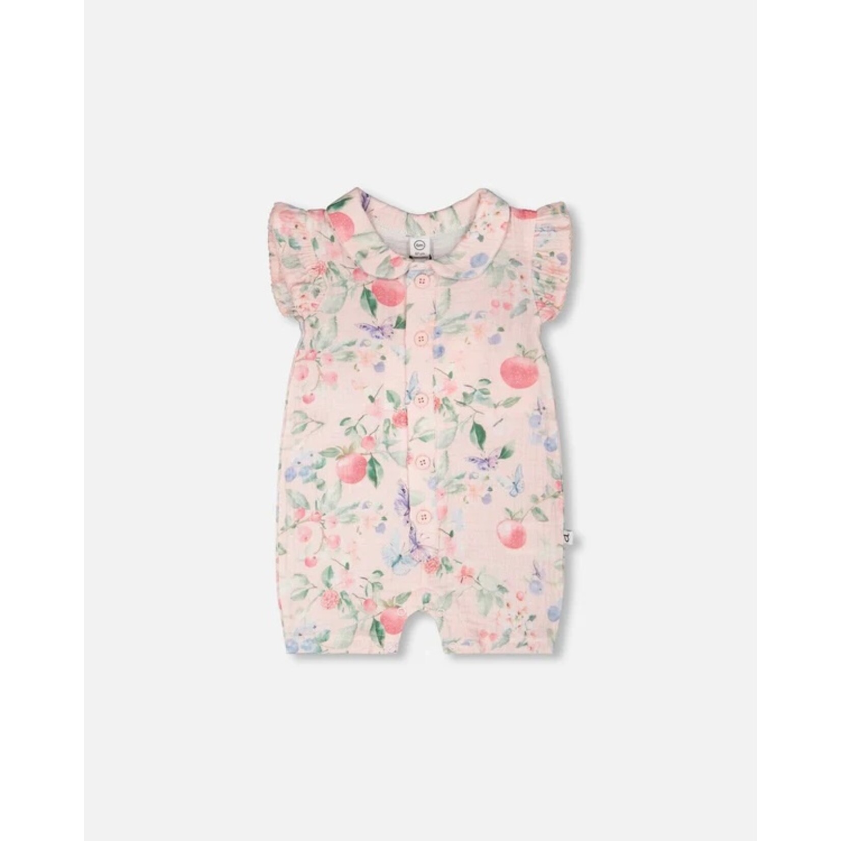 Deux par Deux DEUX PAR DEUX - Pink cotton muslin romper with 'Blueberry Hugs' berry print