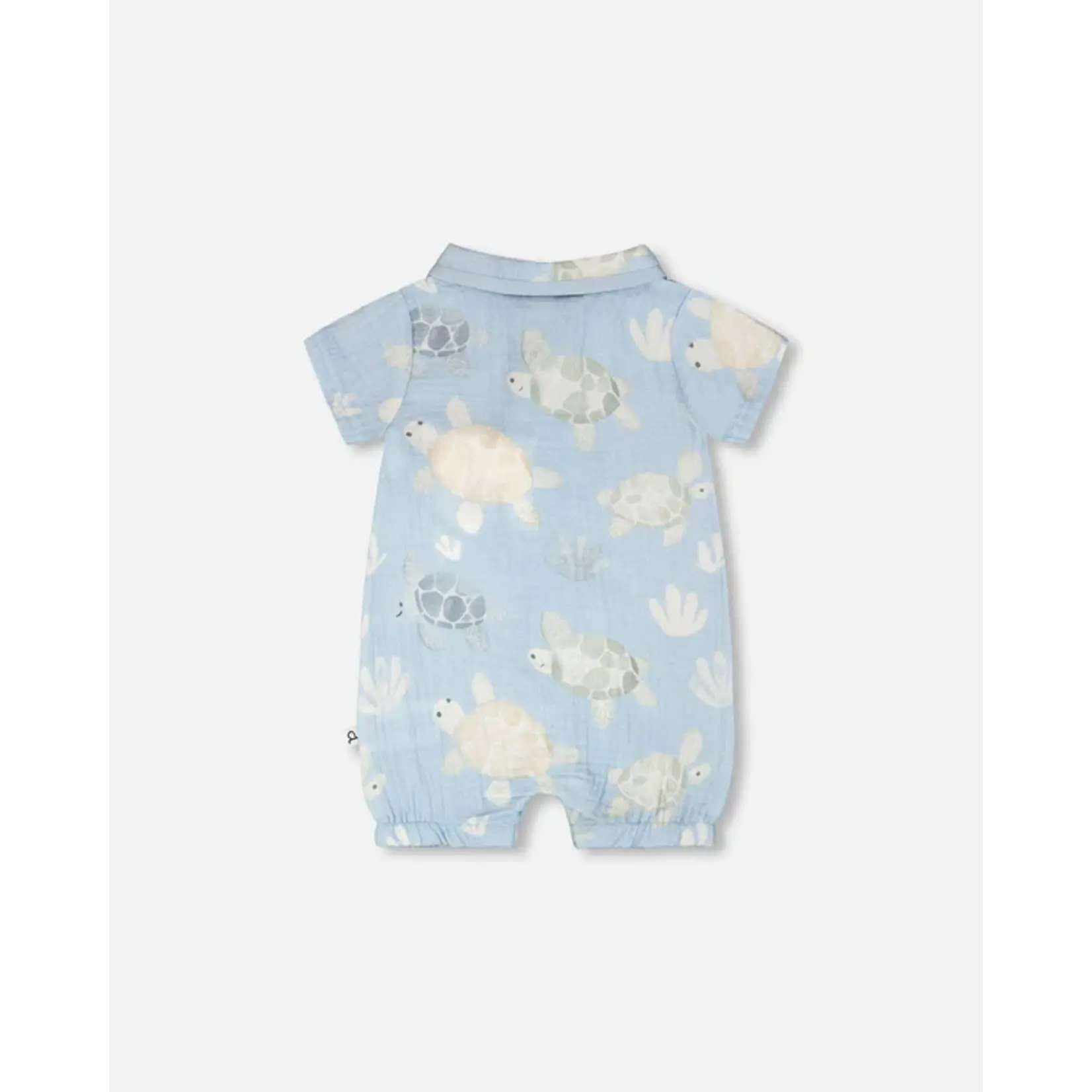 Deux par Deux DEUX PAR DEUX - Blue muslin romper with turtle print 'Tortoise Steps'