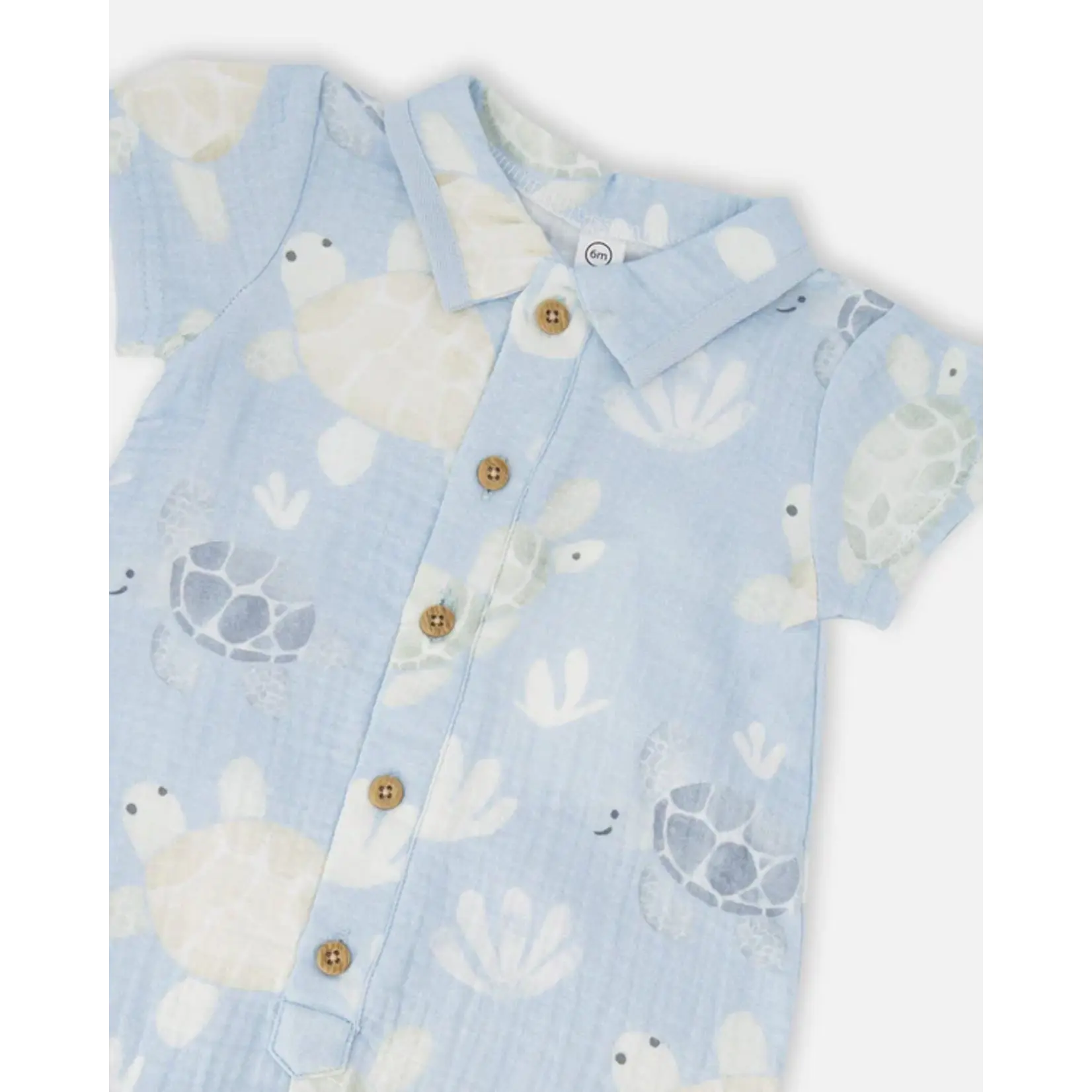 Deux par Deux DEUX PAR DEUX - Blue muslin romper with turtle print 'Tortoise Steps'