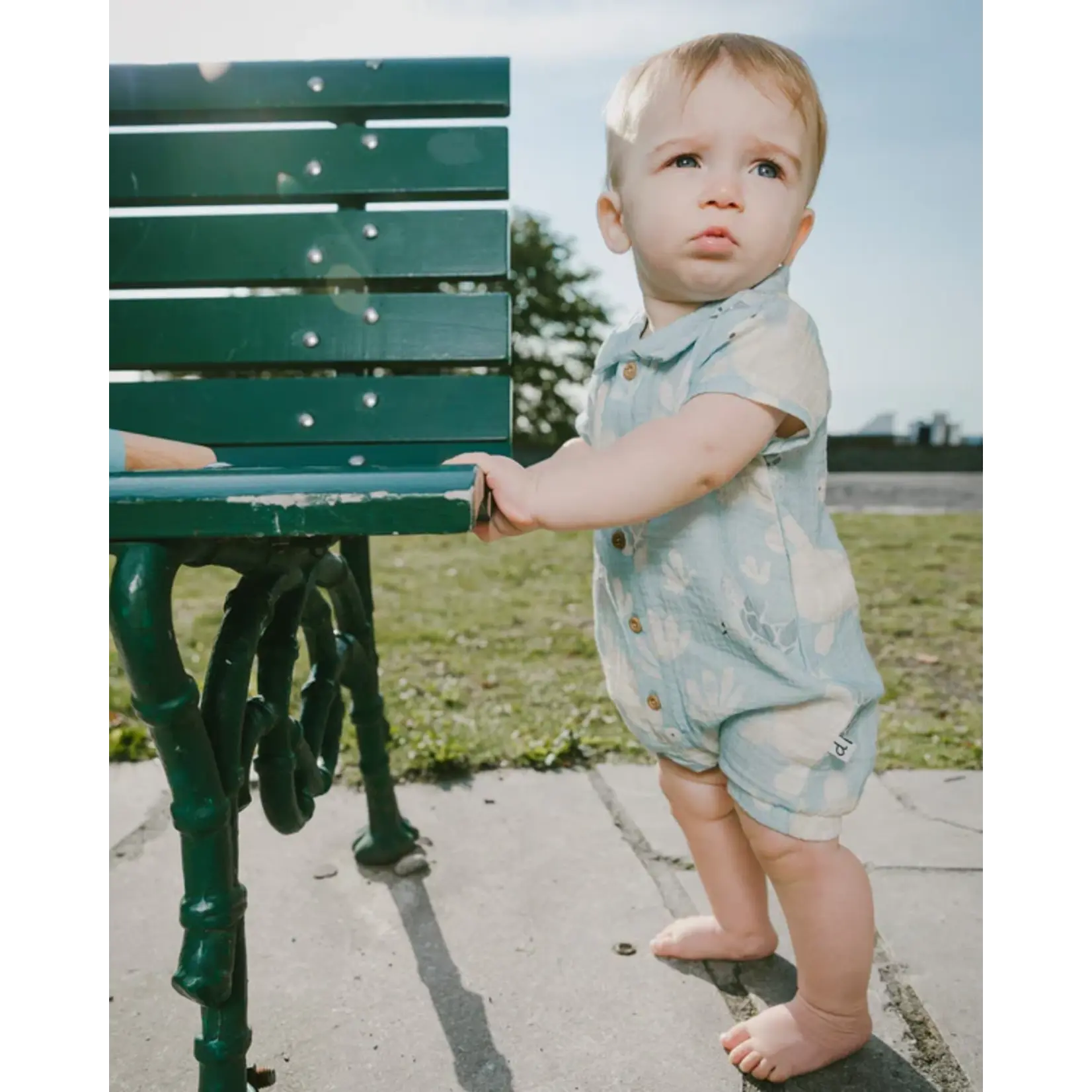 Deux par Deux DEUX PAR DEUX - Blue muslin romper with turtle print 'Tortoise Steps'