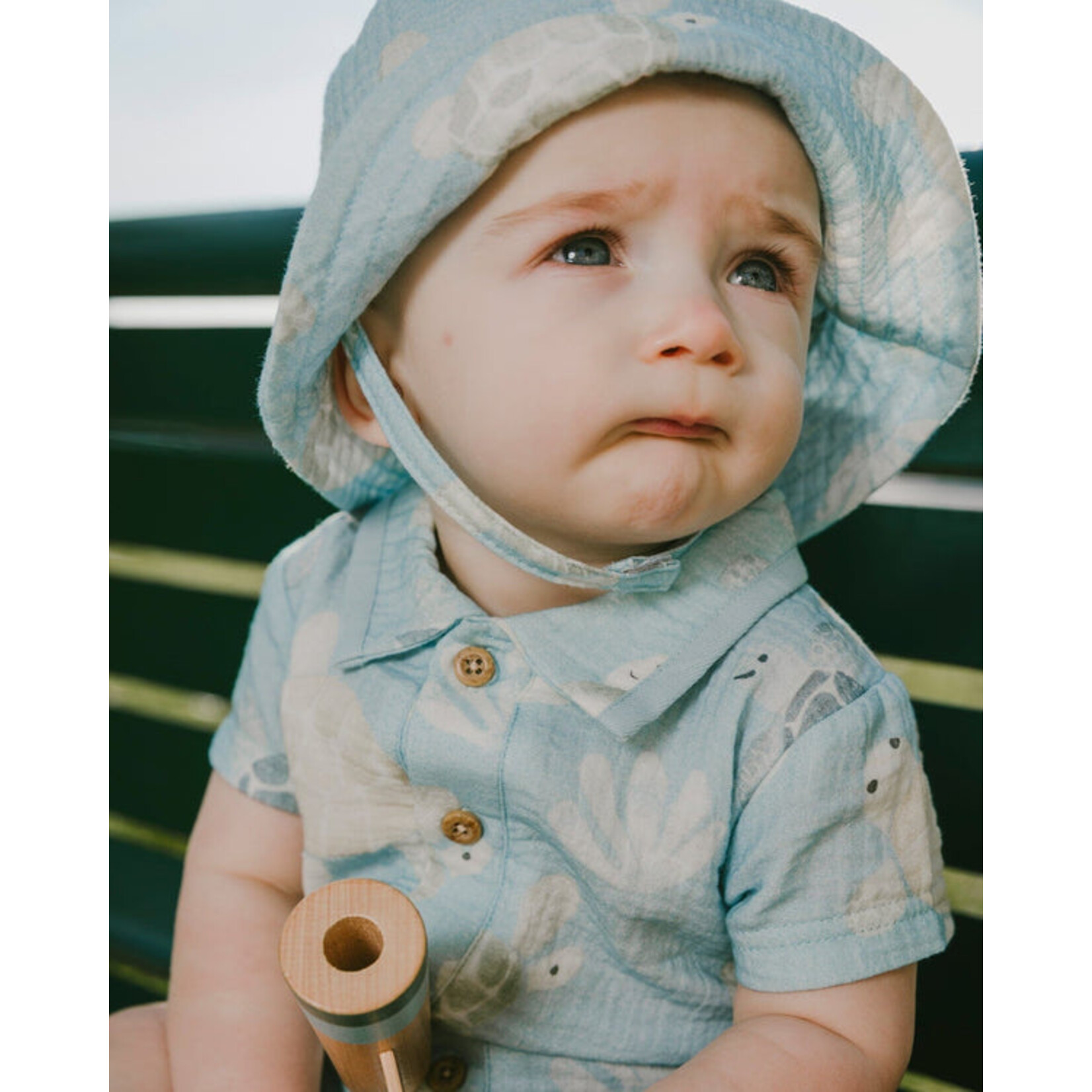 Deux par Deux DEUX PAR DEUX - Blue muslin romper with turtle print 'Tortoise Steps'