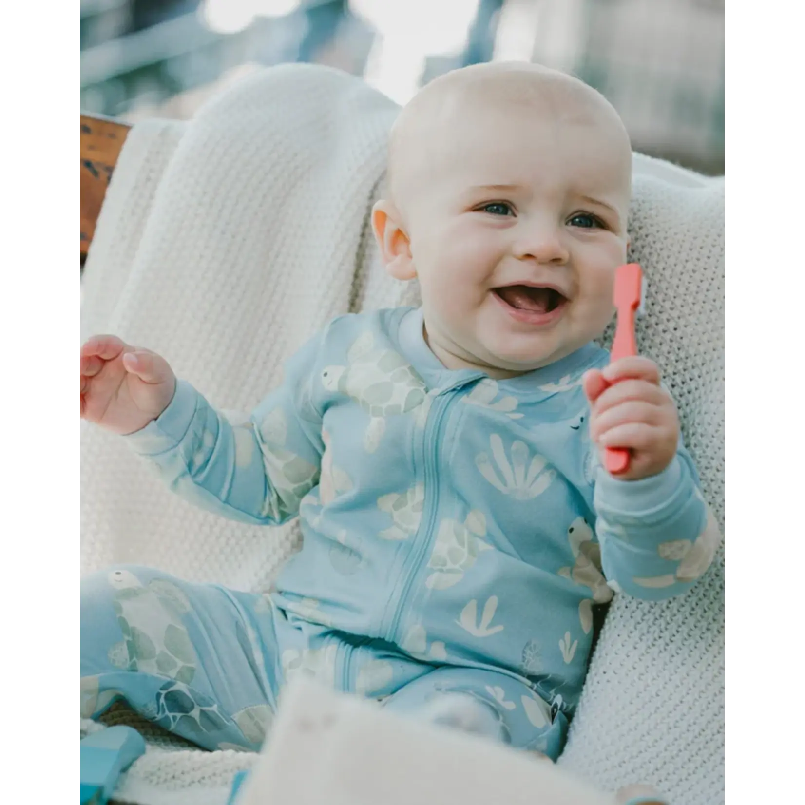 Deux par Deux DEUX PAR DEUX - One-piece pyjamas in blue organic cotton jersey with turtle print 'At a Turtle'