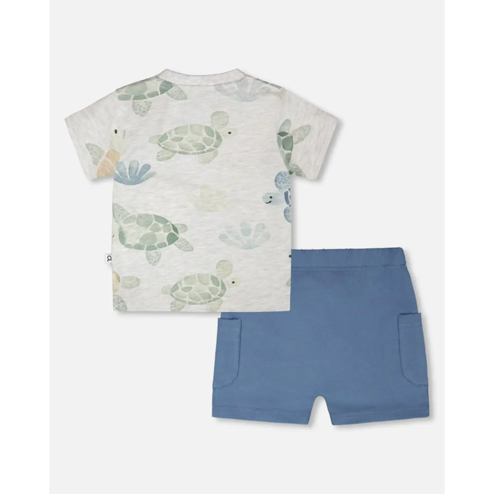 Deux par Deux DEUX PAR DEUX - Ensemble t-shirt bleu moyen en jersey et short gris chiné imprimé tortues 'À pas de tortue'