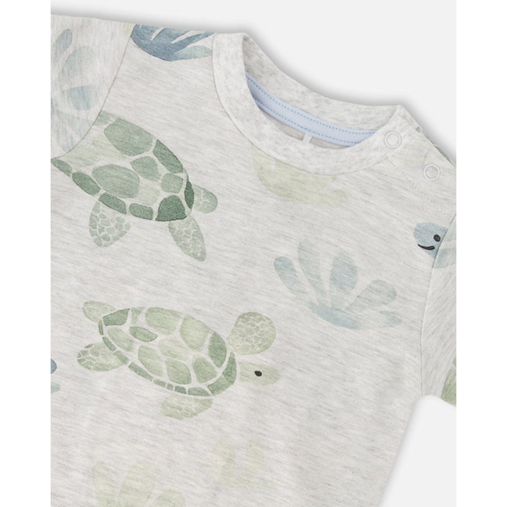 Deux par Deux DEUX PAR DEUX - 'Heather grey jersey t-shirt and medium blue shorts with 'Turtle Steps' turtle print