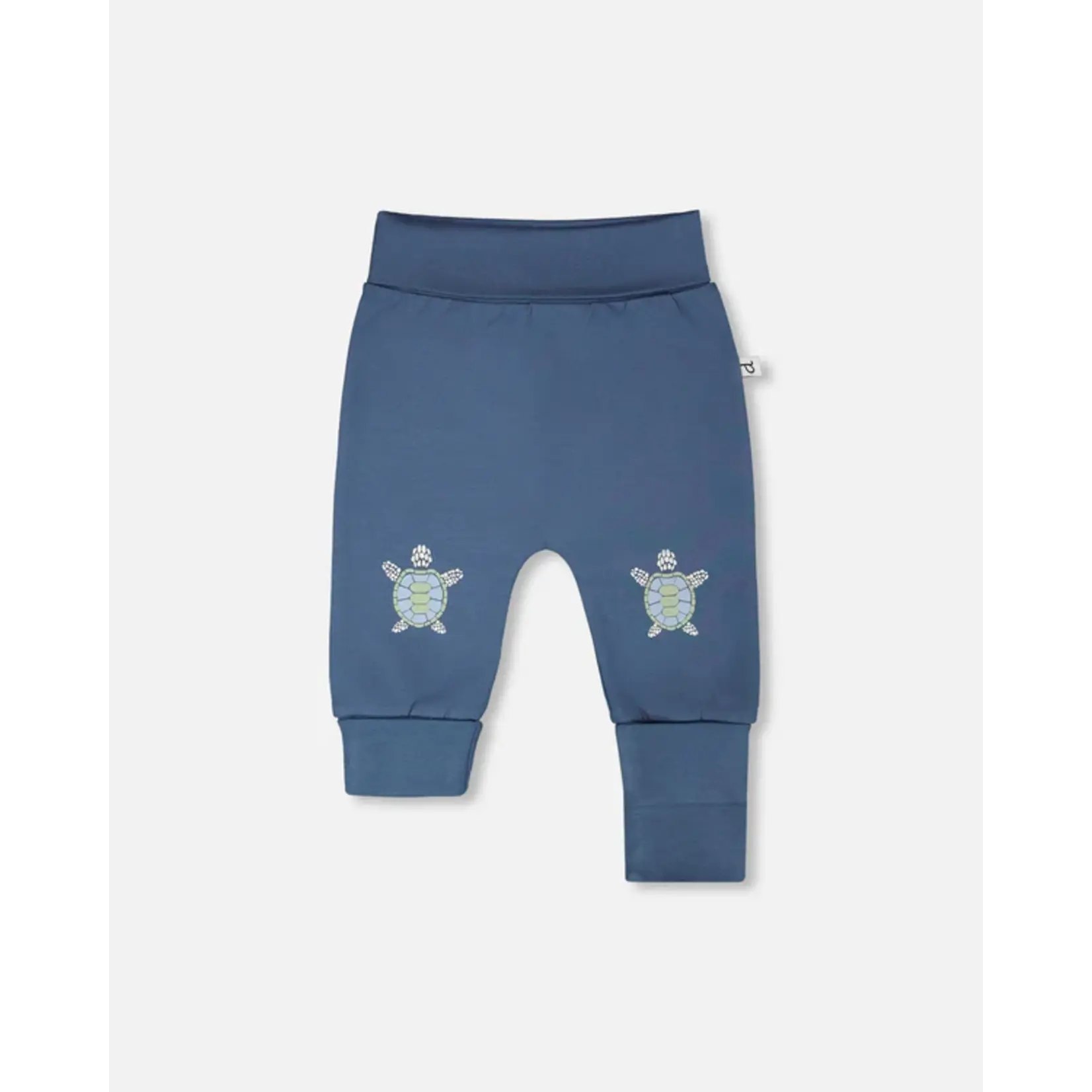 Deux par Deux DEUX PAR DEUX - Medium blue 'Turtle Steps' organic cotton jersey adjustable trousers
