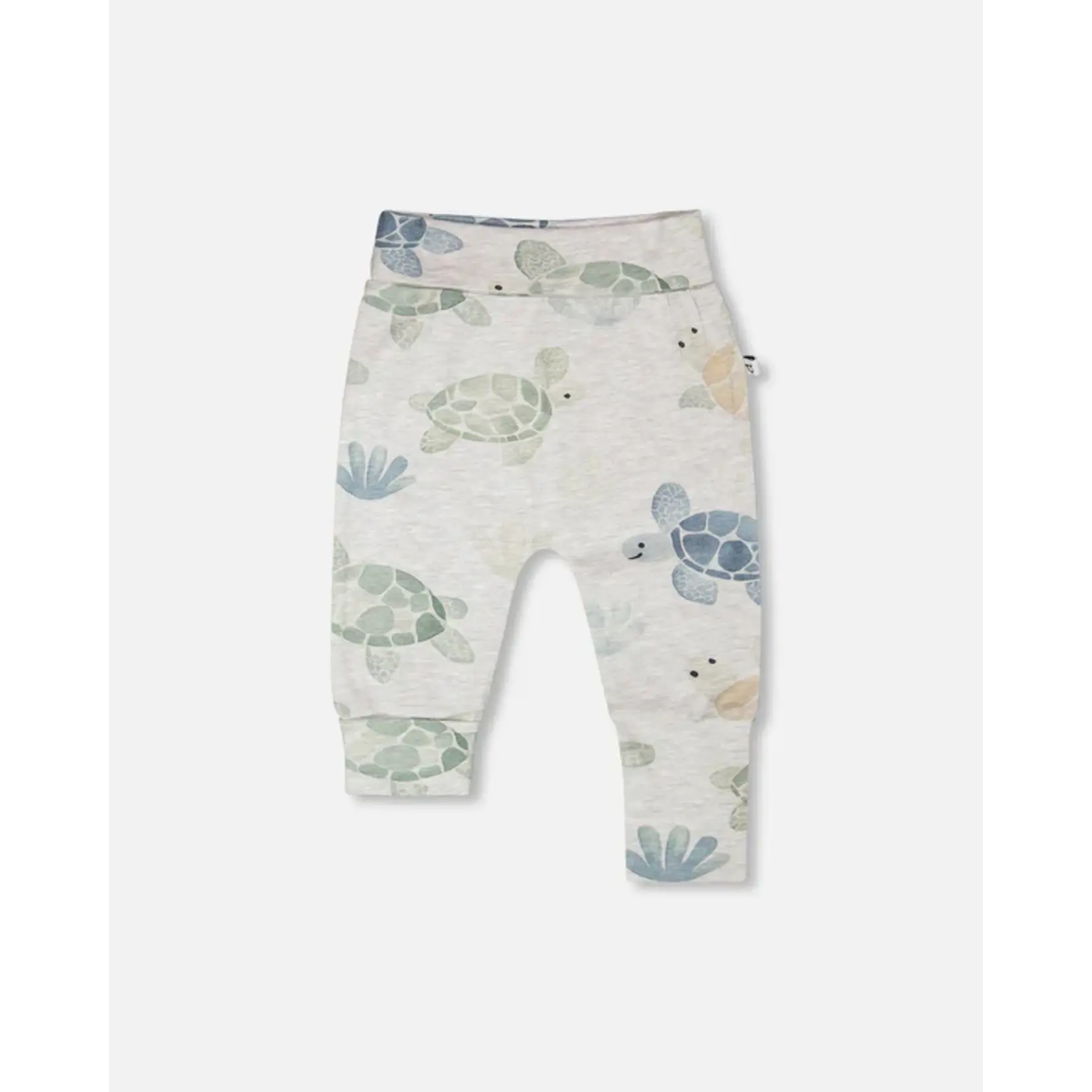 Deux par Deux DEUX PAR DEUX - Adjustable trousers in heather grey organic cotton jersey with a turtle print, 'At a Turtle's Pace'