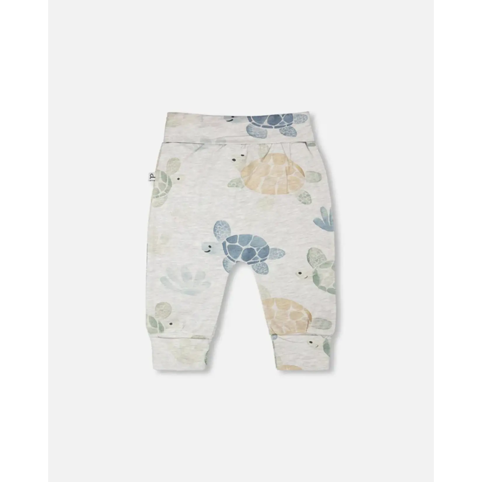 Deux par Deux DEUX PAR DEUX - Adjustable trousers in heather grey organic cotton jersey with a turtle print, 'At a Turtle's Pace'