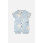 Deux par Deux DEUX PAR DEUX - Blue muslin romper with turtle print 'Tortoise Steps'