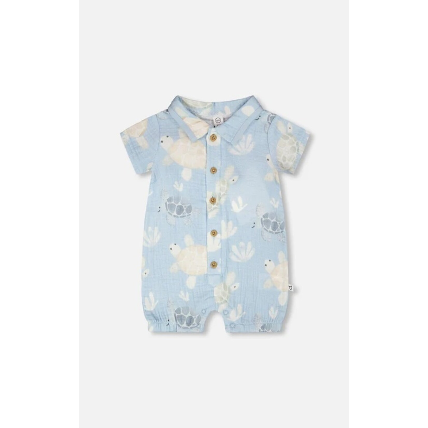 Deux par Deux DEUX PAR DEUX - Blue muslin romper with turtle print 'Tortoise Steps'