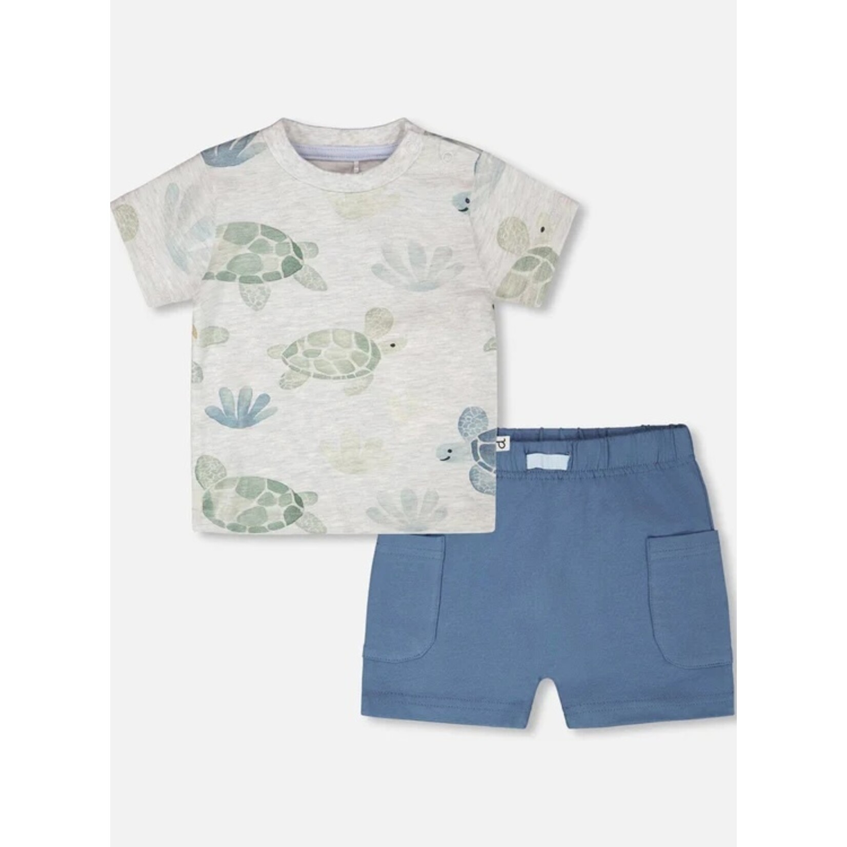 Deux par Deux DEUX PAR DEUX - 'Heather grey jersey t-shirt and medium blue shorts with 'Turtle Steps' turtle print