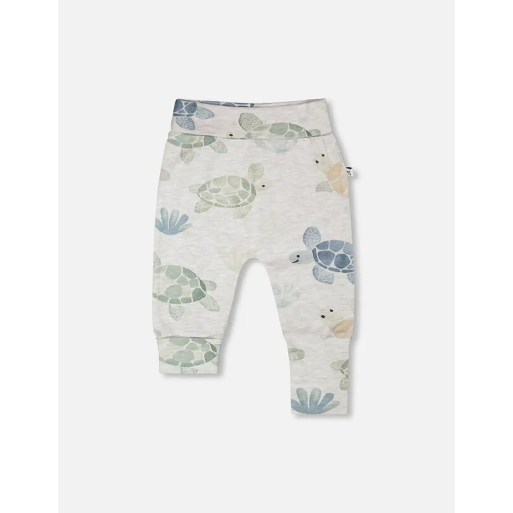 Deux par Deux DEUX PAR DEUX - Adjustable trousers in heather grey organic cotton jersey with a turtle print, 'At a Turtle's Pace'