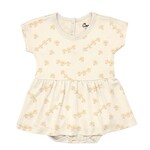 Coccoli COCCOLI - Pale yellow short-sleeved modal dress with integrated bouffant and ravioli pattern