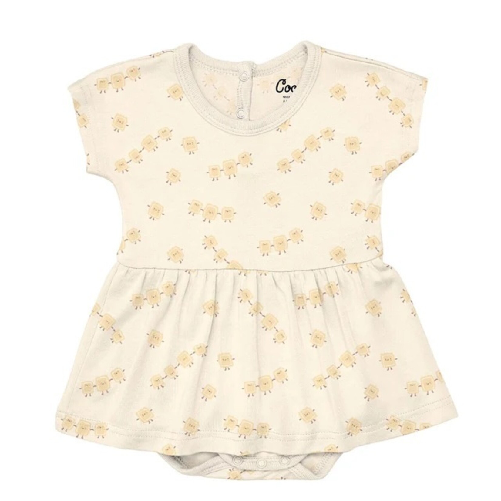 Coccoli COCCOLI - Robe en modal à manches courtes jaune pâle avec cache-couche intégré et motif de raviolis